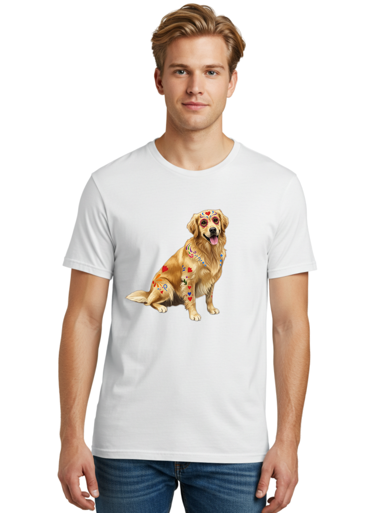 Sugar-Skull-Dog Men'S Graphic Tee, 100% Cotton, Comfortable Casual Summer Wear, Machine Washable, Golden Retriever, Sugar Skull Design, Colorful Tattoos, Heart Patterns, Festive Decoration, Dia De Los Muertos, Vibrant Artwork, Dog Portrait, Bac499