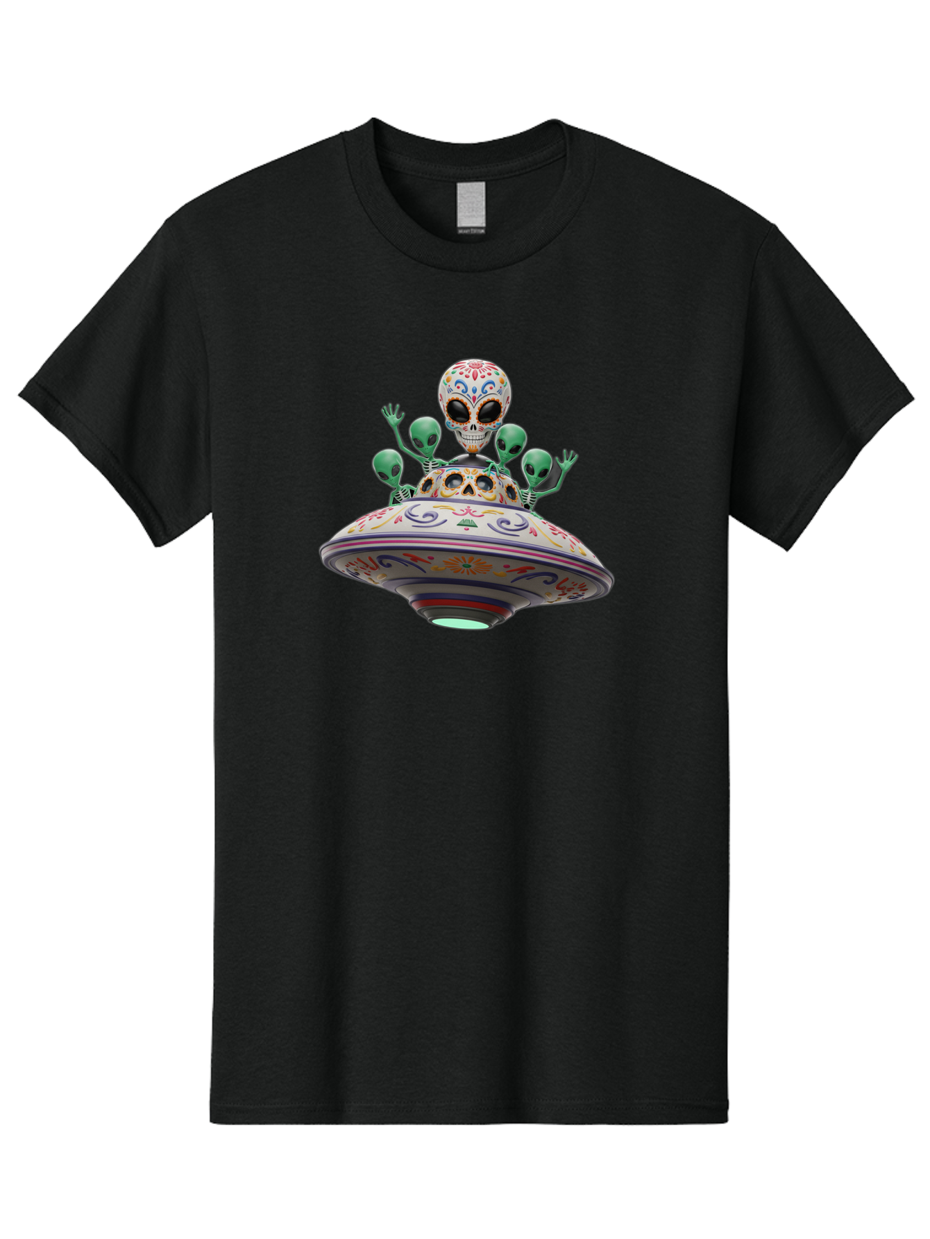 Sugar-Skulls-Ufo Men'S Graphic Tee, 100% Cotton, Comfortable Casual Summer Wear, Machine Washable, Sugar Skull, Aliens, Ufo, Day Of The Dead, Colorful Design, Whimsical Art, Mystical Creatures, Symbolic Representation, Fantasy, Bac500