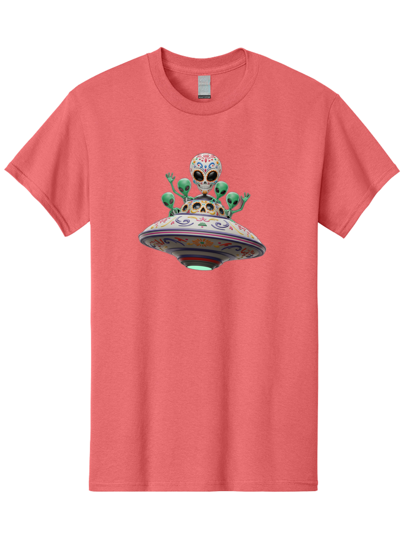 Sugar-Skulls-Ufo Men'S Graphic Tee, 100% Cotton, Comfortable Casual Summer Wear, Machine Washable, Sugar Skull, Aliens, Ufo, Day Of The Dead, Colorful Design, Whimsical Art, Mystical Creatures, Symbolic Representation, Fantasy, Bac500