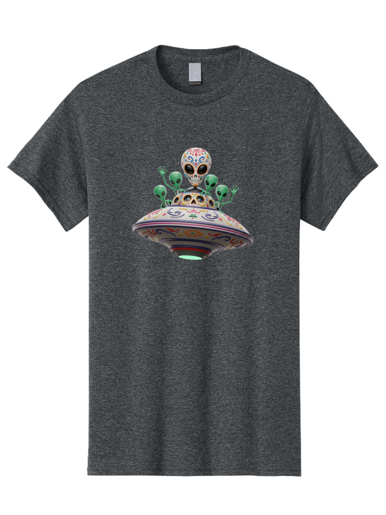 Sugar-Skulls-Ufo Men'S Graphic Tee, 100% Cotton, Comfortable Casual Summer Wear, Machine Washable, Sugar Skull, Aliens, Ufo, Day Of The Dead, Colorful Design, Whimsical Art, Mystical Creatures, Symbolic Representation, Fantasy, Bac500