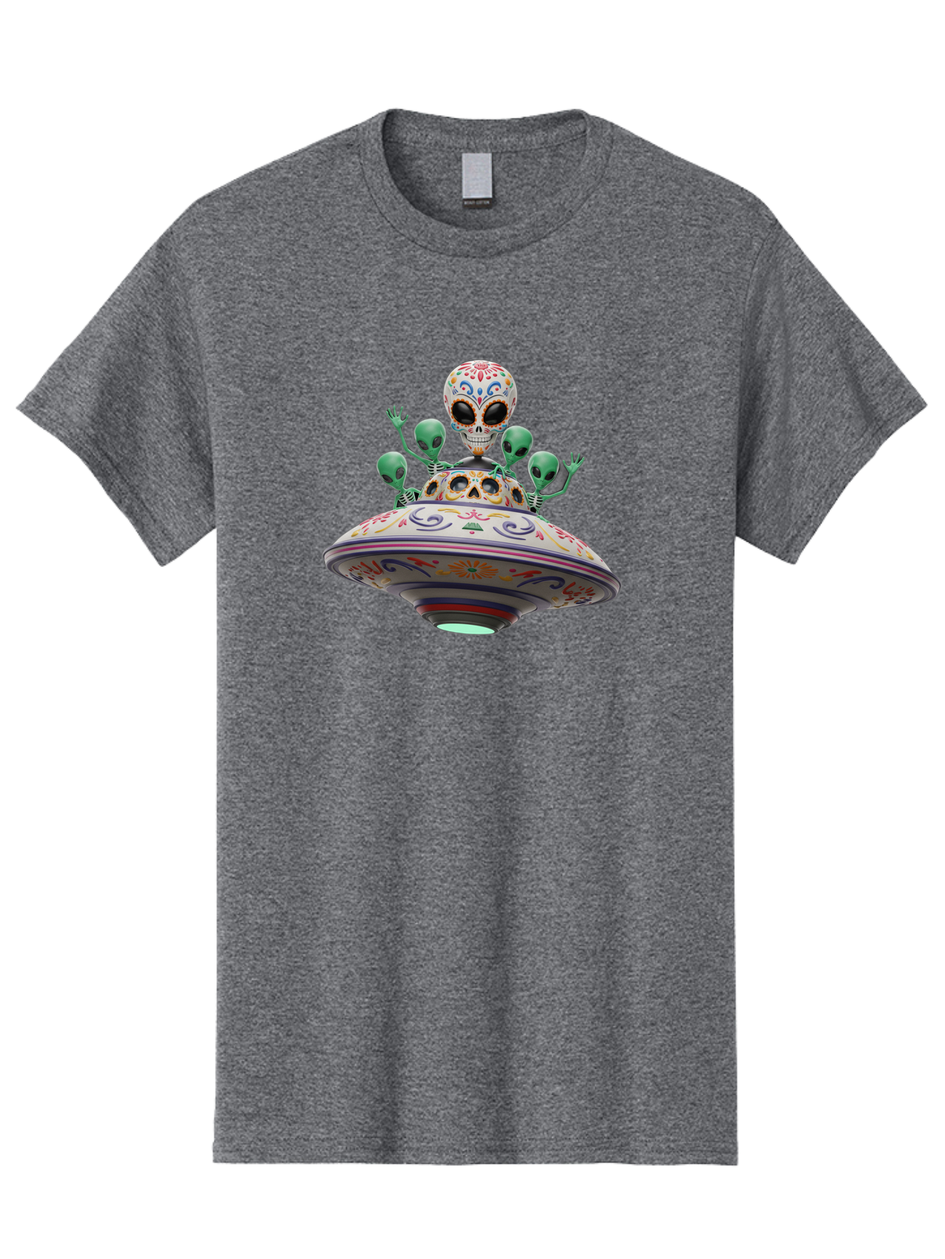 Sugar-Skulls-Ufo Men'S Graphic Tee, 100% Cotton, Comfortable Casual Summer Wear, Machine Washable, Sugar Skull, Aliens, Ufo, Day Of The Dead, Colorful Design, Whimsical Art, Mystical Creatures, Symbolic Representation, Fantasy, Bac500