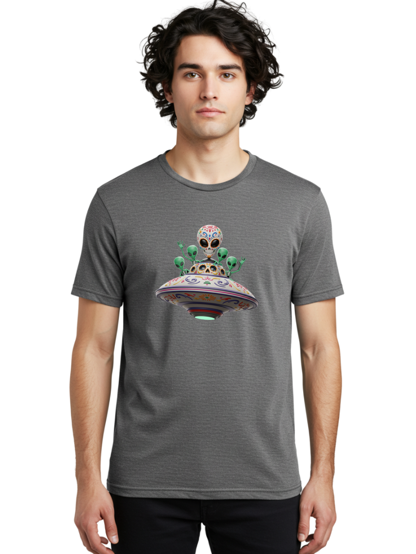 Sugar-Skulls-Ufo Men'S Graphic Tee, 100% Cotton, Comfortable Casual Summer Wear, Machine Washable, Sugar Skull, Aliens, Ufo, Day Of The Dead, Colorful Design, Whimsical Art, Mystical Creatures, Symbolic Representation, Fantasy, Bac500