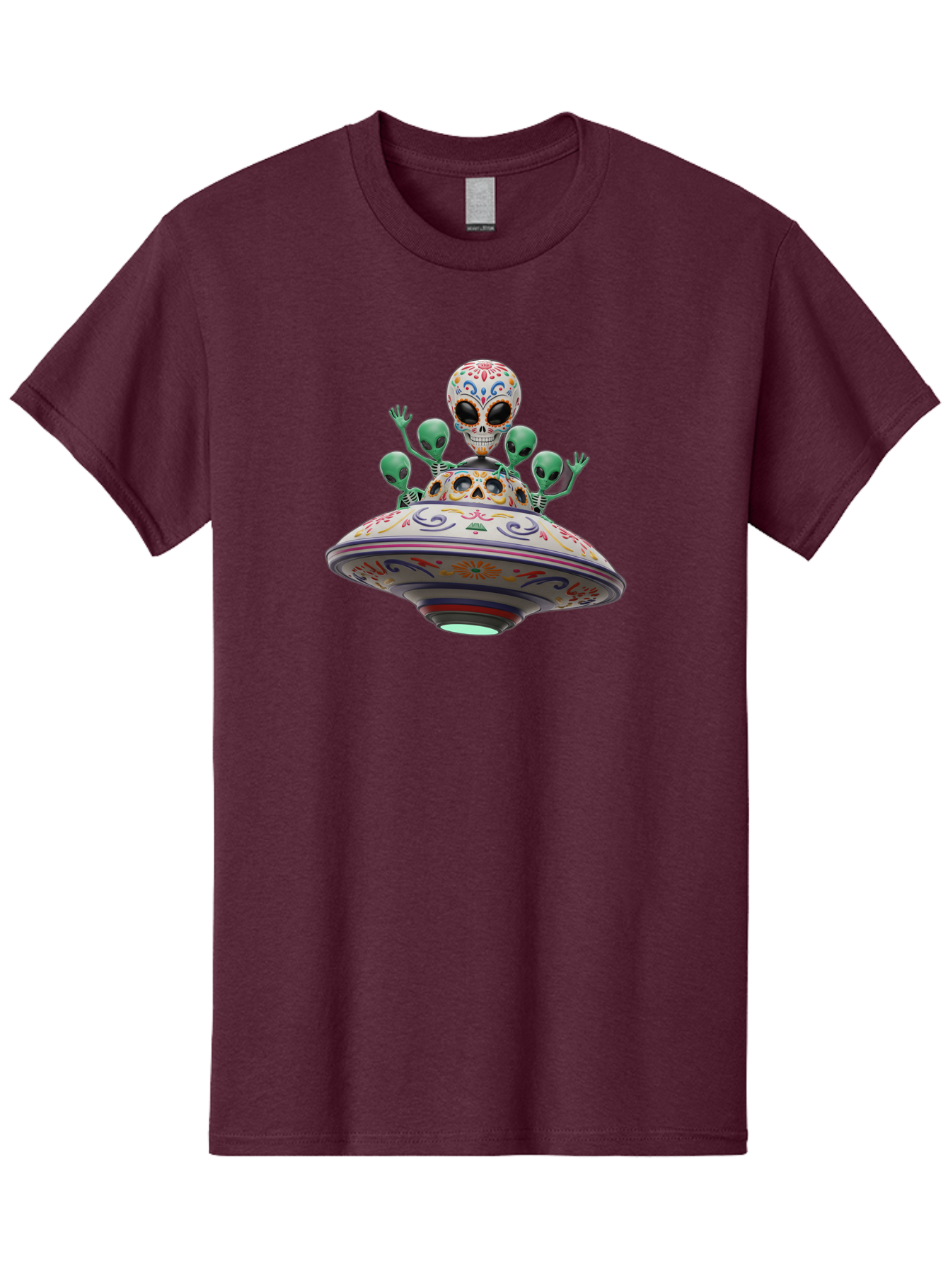 Sugar-Skulls-Ufo Men'S Graphic Tee, 100% Cotton, Comfortable Casual Summer Wear, Machine Washable, Sugar Skull, Aliens, Ufo, Day Of The Dead, Colorful Design, Whimsical Art, Mystical Creatures, Symbolic Representation, Fantasy, Bac500