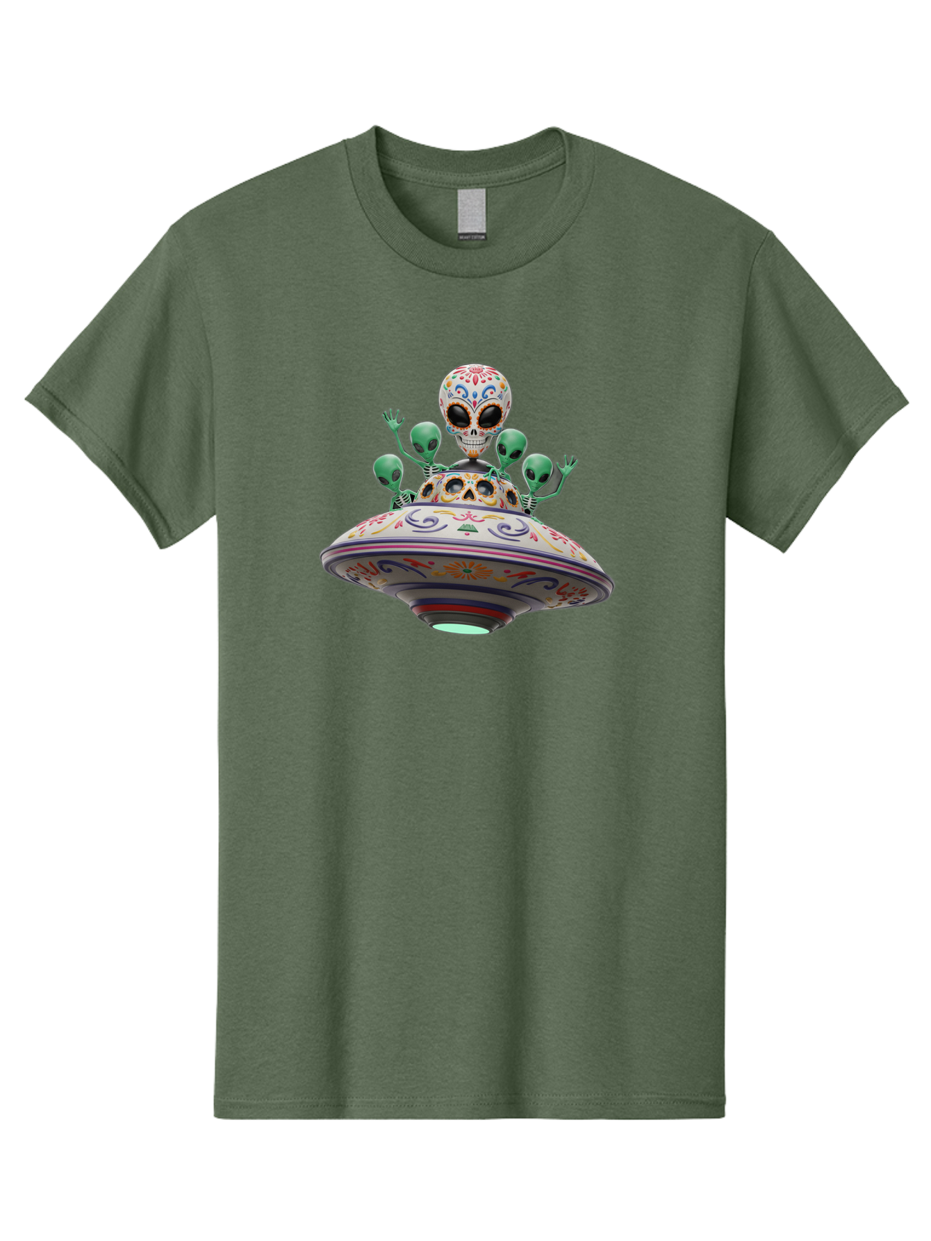 Sugar-Skulls-Ufo Men'S Graphic Tee, 100% Cotton, Comfortable Casual Summer Wear, Machine Washable, Sugar Skull, Aliens, Ufo, Day Of The Dead, Colorful Design, Whimsical Art, Mystical Creatures, Symbolic Representation, Fantasy, Bac500