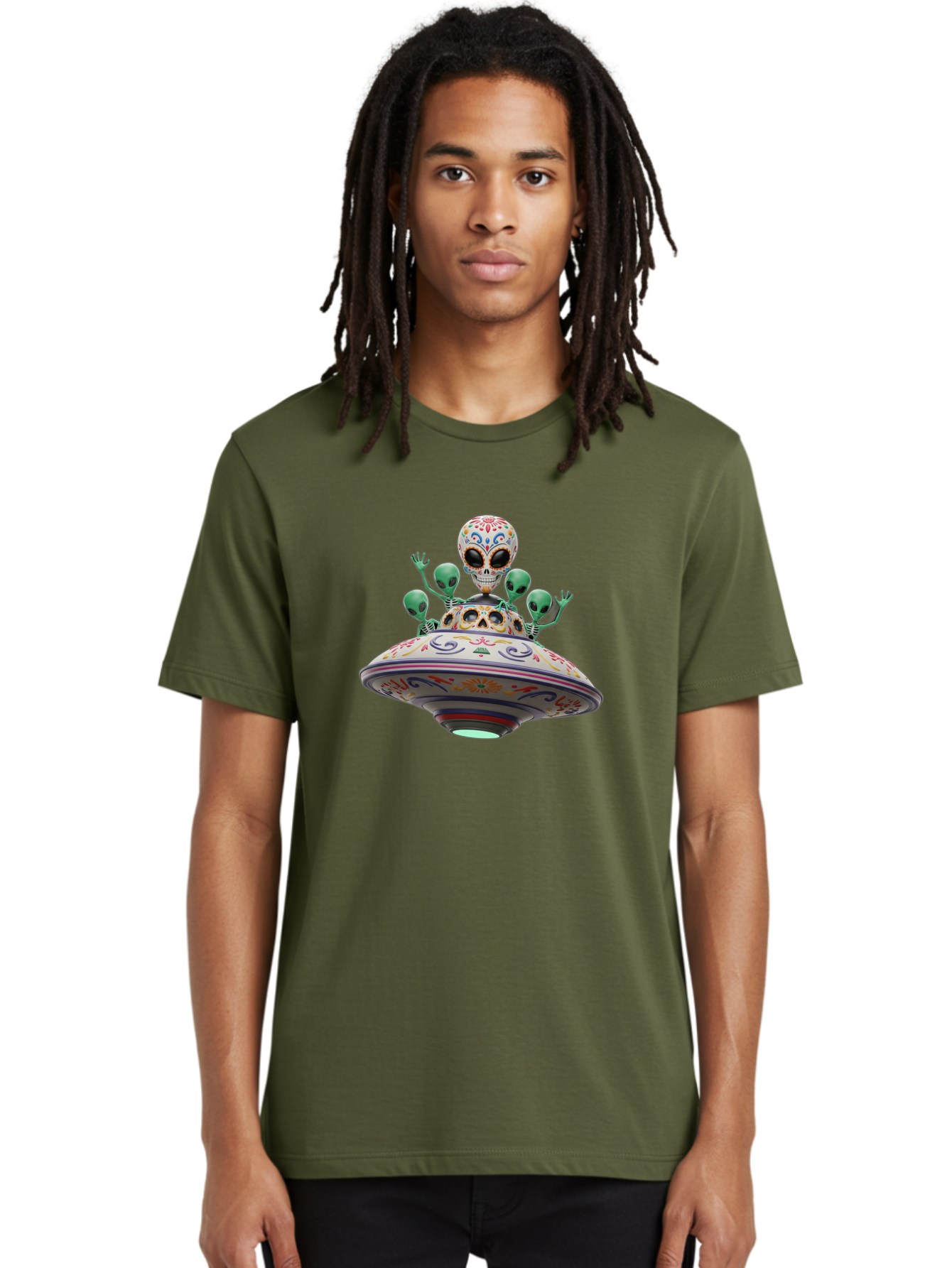 Sugar-Skulls-Ufo Men'S Graphic Tee, 100% Cotton, Comfortable Casual Summer Wear, Machine Washable, Sugar Skull, Aliens, Ufo, Day Of The Dead, Colorful Design, Whimsical Art, Mystical Creatures, Symbolic Representation, Fantasy, Bac500