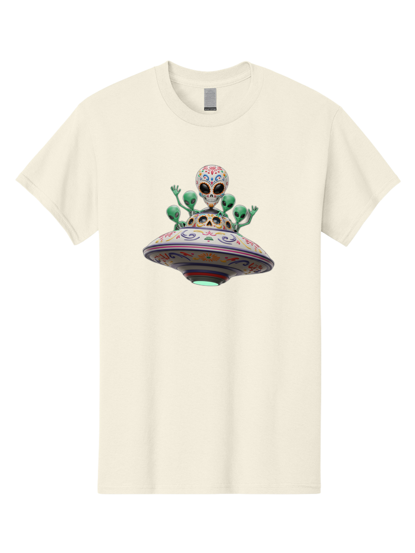 Sugar-Skulls-Ufo Men'S Graphic Tee, 100% Cotton, Comfortable Casual Summer Wear, Machine Washable, Sugar Skull, Aliens, Ufo, Day Of The Dead, Colorful Design, Whimsical Art, Mystical Creatures, Symbolic Representation, Fantasy, Bac500