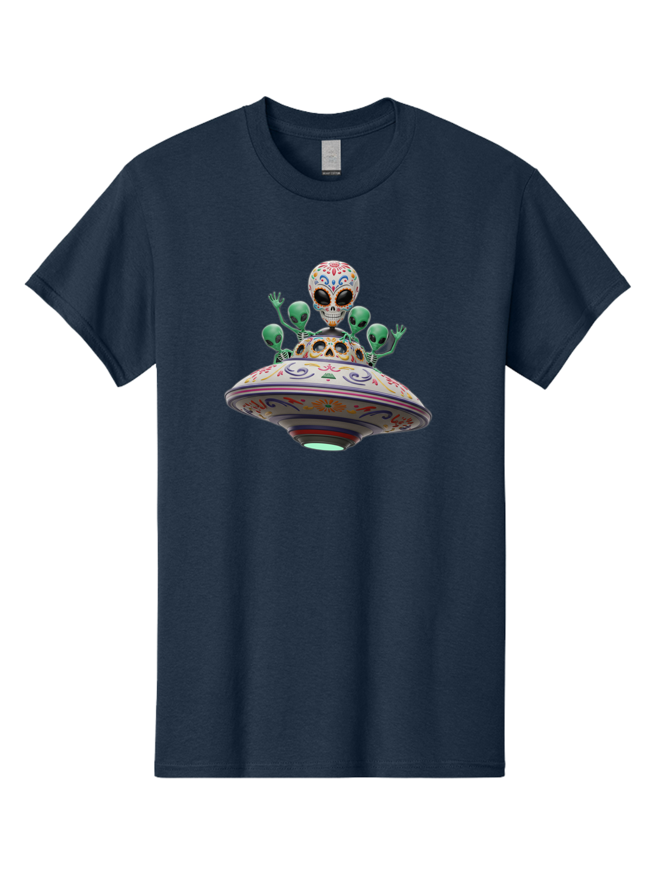 Sugar-Skulls-Ufo Men'S Graphic Tee, 100% Cotton, Comfortable Casual Summer Wear, Machine Washable, Sugar Skull, Aliens, Ufo, Day Of The Dead, Colorful Design, Whimsical Art, Mystical Creatures, Symbolic Representation, Fantasy, Bac500