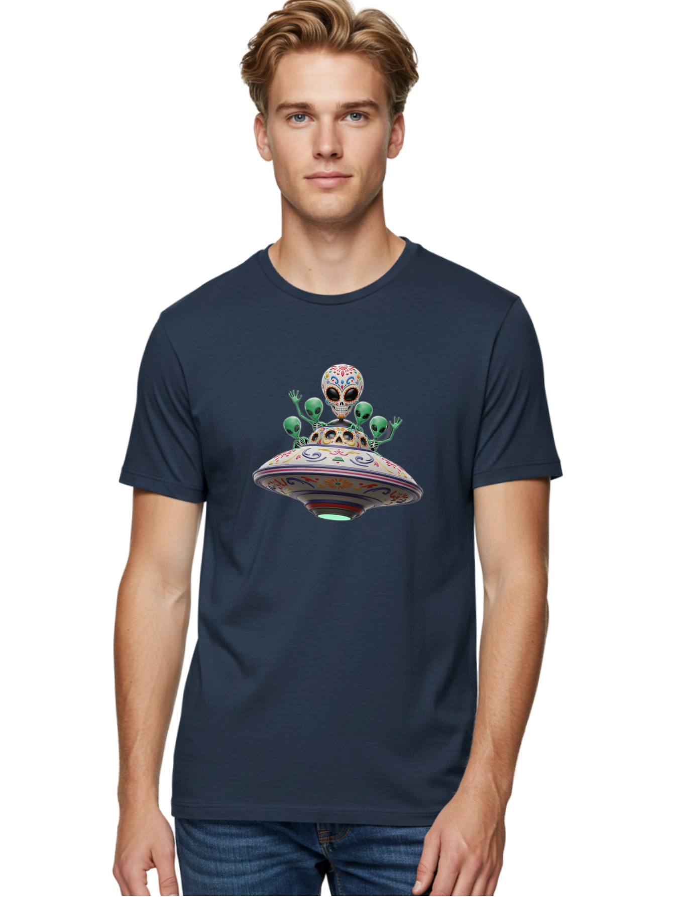 Sugar-Skulls-Ufo Men'S Graphic Tee, 100% Cotton, Comfortable Casual Summer Wear, Machine Washable, Sugar Skull, Aliens, Ufo, Day Of The Dead, Colorful Design, Whimsical Art, Mystical Creatures, Symbolic Representation, Fantasy, Bac500