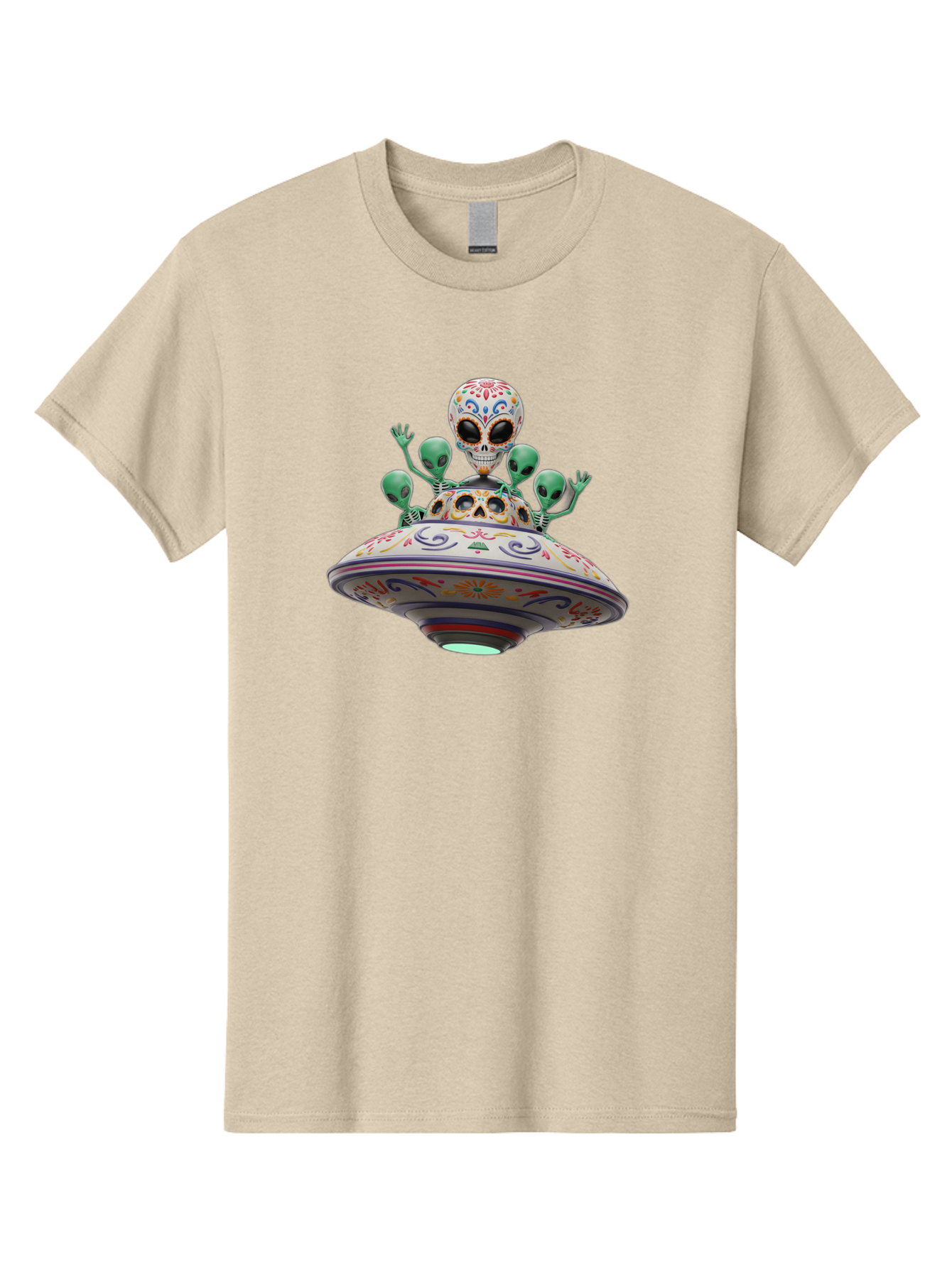 Sugar-Skulls-Ufo Men'S Graphic Tee, 100% Cotton, Comfortable Casual Summer Wear, Machine Washable, Sugar Skull, Aliens, Ufo, Day Of The Dead, Colorful Design, Whimsical Art, Mystical Creatures, Symbolic Representation, Fantasy, Bac500