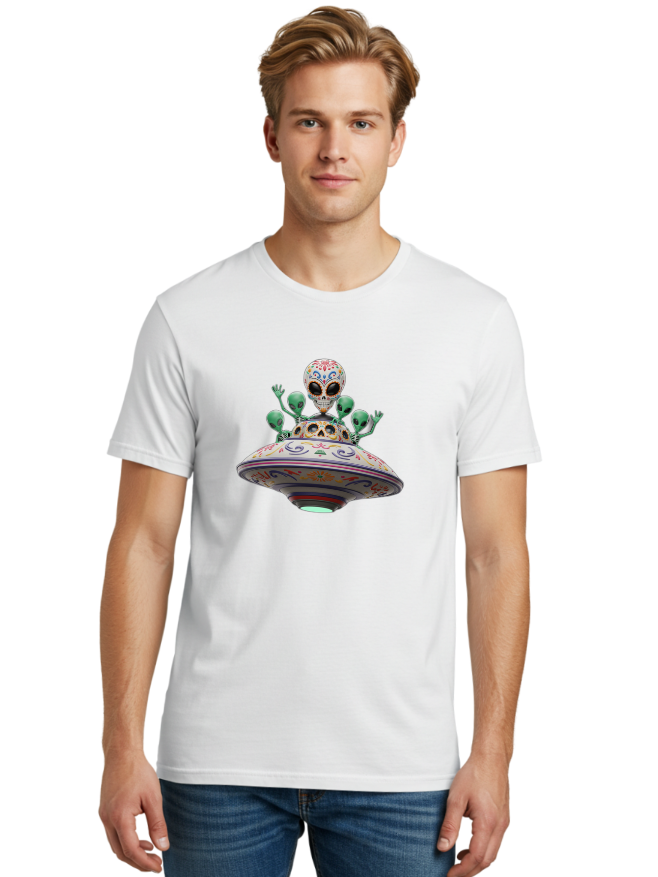 Sugar-Skulls-Ufo Men'S Graphic Tee, 100% Cotton, Comfortable Casual Summer Wear, Machine Washable, Sugar Skull, Aliens, Ufo, Day Of The Dead, Colorful Design, Whimsical Art, Mystical Creatures, Symbolic Representation, Fantasy, Bac500