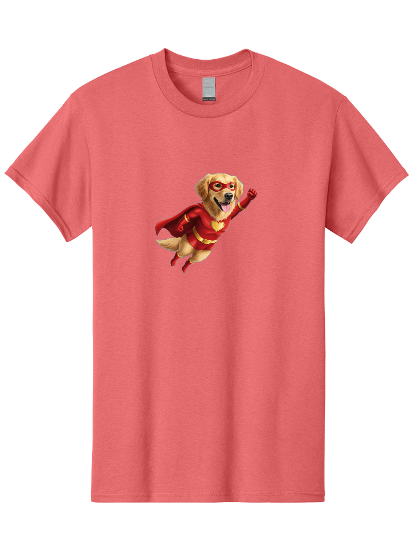 Super-Dog Men'S Graphic Tee, 100% Cotton, Comfortable Casual Summer Wear, Machine Washable, Cartoon Dog In Red Superhero Costume, Flying Dog, Golden Retriever, Superhero Cape, Red Mask, Yellow Belt, Cartoon Character, Dog Hero, Superpowers Bac501