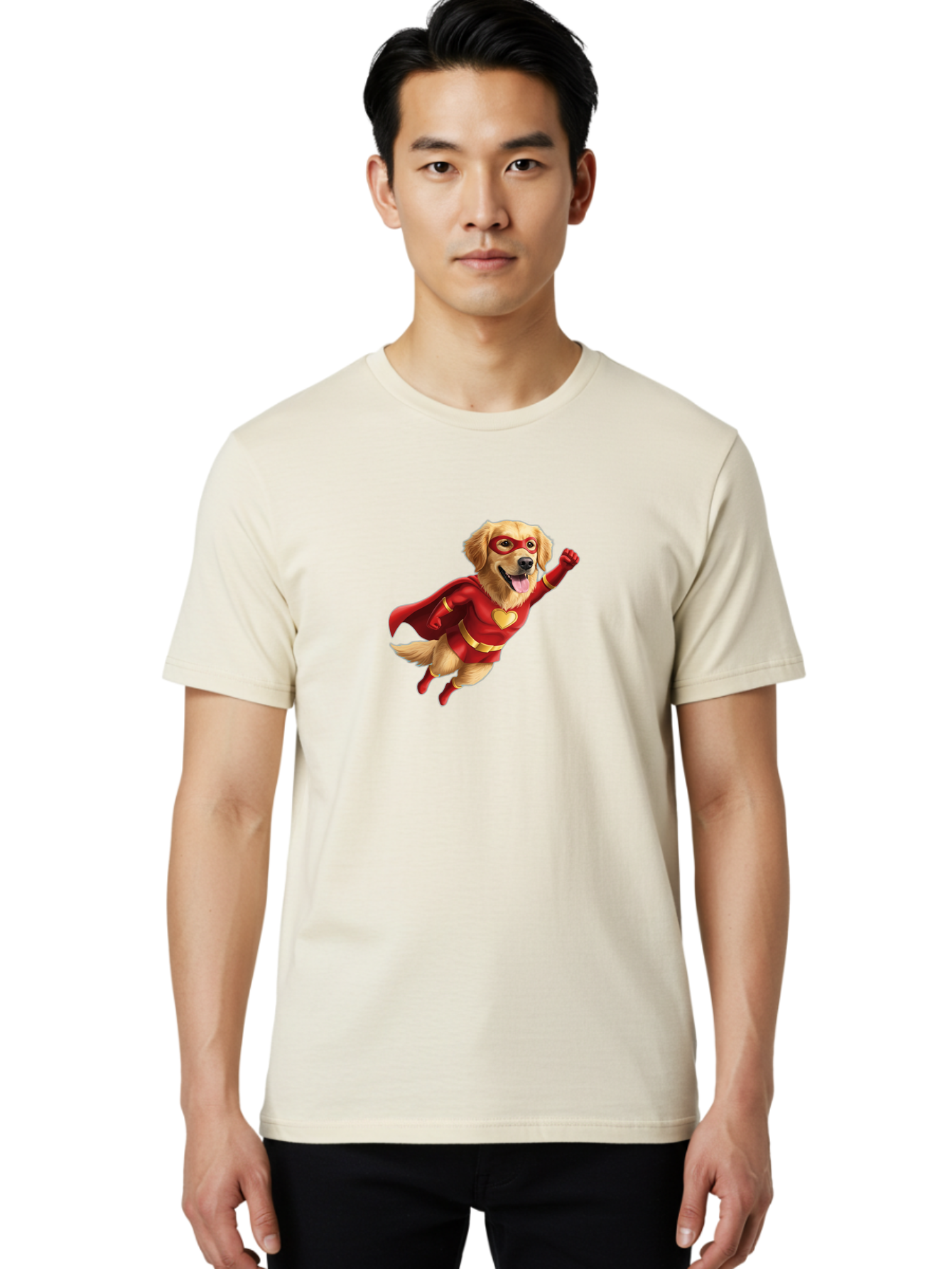 Super-Dog Men'S Graphic Tee, 100% Cotton, Comfortable Casual Summer Wear, Machine Washable, Cartoon Dog In Red Superhero Costume, Flying Dog, Golden Retriever, Superhero Cape, Red Mask, Yellow Belt, Cartoon Character, Dog Hero, Superpowers Bac501