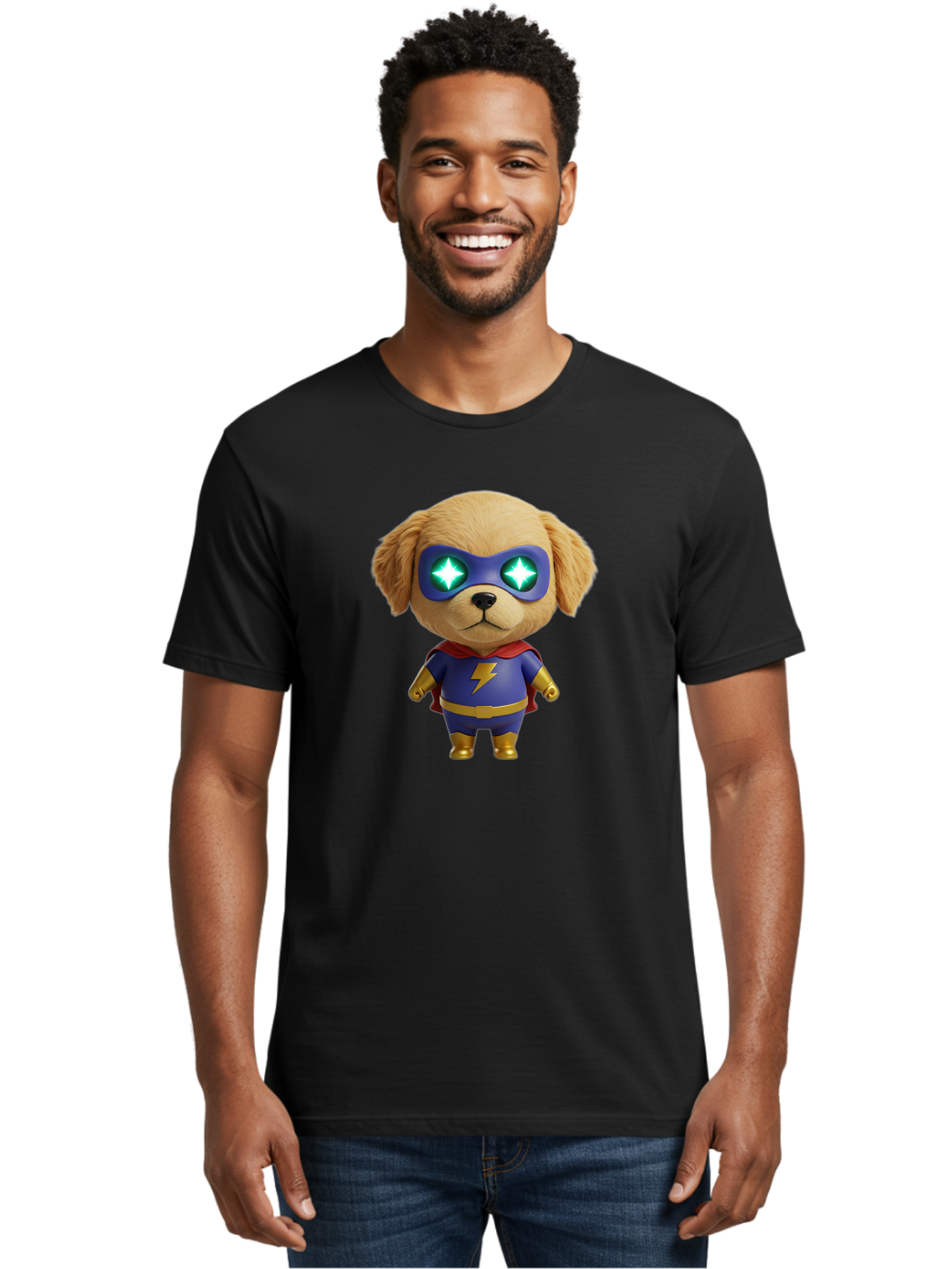 Super-Puppy Men'S Graphic Tee, 100% Cotton, Comfortable Casual Summer Wear, Machine Washable, Superhero Dog, Cartoon Character, Puppy Wearing Mask, Superhero Costume, Puppy With Cape, Dog With Lightning Bolt, Cute Puppy, Digital Illustration, Bac502
