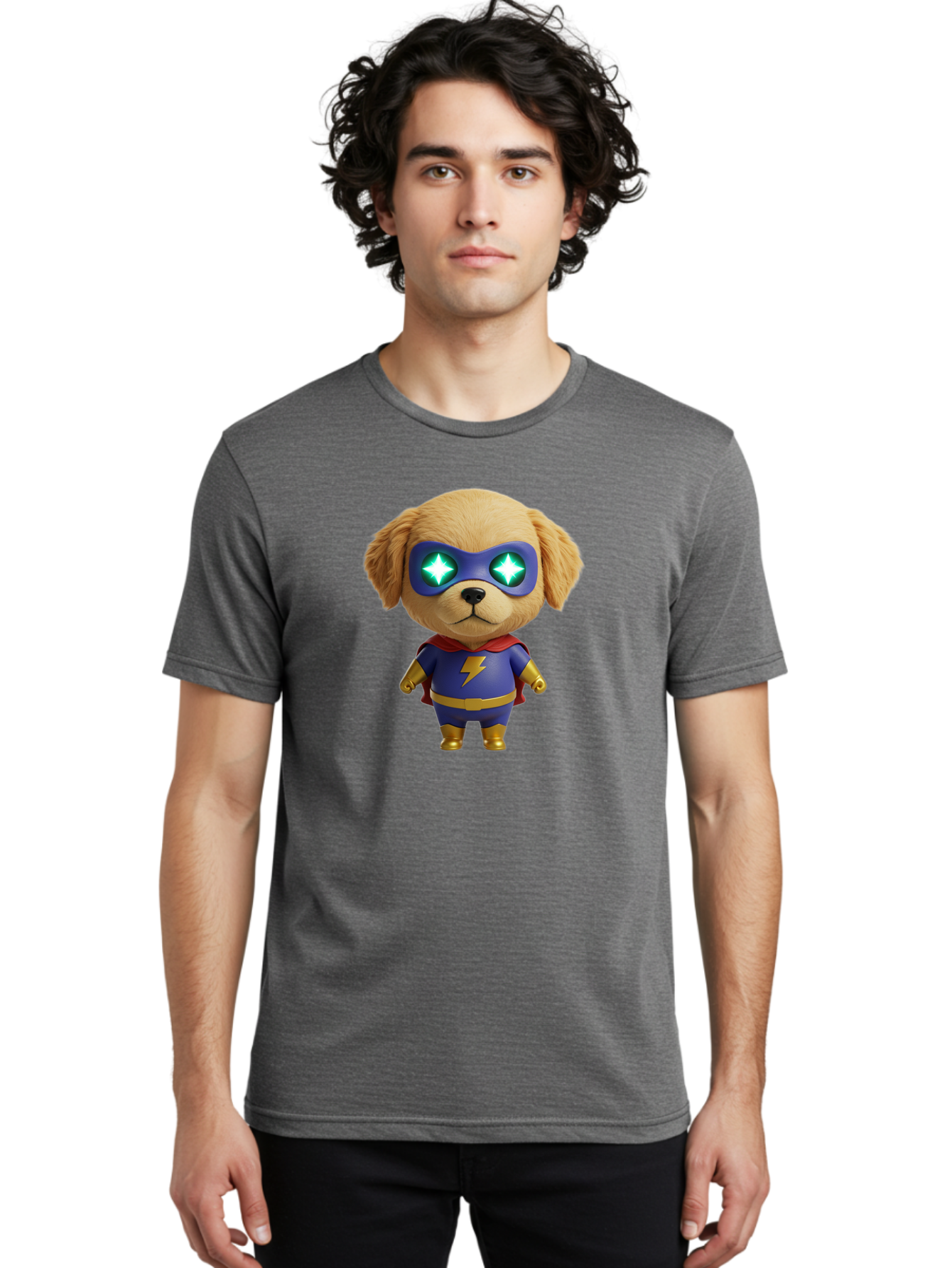 Super-Puppy Men'S Graphic Tee, 100% Cotton, Comfortable Casual Summer Wear, Machine Washable, Superhero Dog, Cartoon Character, Puppy Wearing Mask, Superhero Costume, Puppy With Cape, Dog With Lightning Bolt, Cute Puppy, Digital Illustration, Bac502