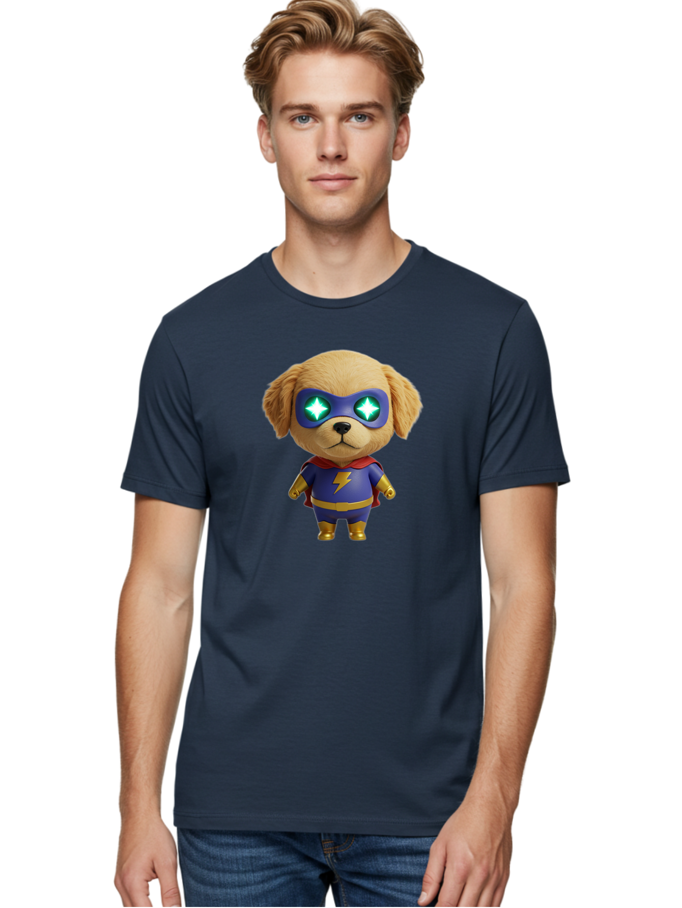 Super-Puppy Men'S Graphic Tee, 100% Cotton, Comfortable Casual Summer Wear, Machine Washable, Superhero Dog, Cartoon Character, Puppy Wearing Mask, Superhero Costume, Puppy With Cape, Dog With Lightning Bolt, Cute Puppy, Digital Illustration, Bac502