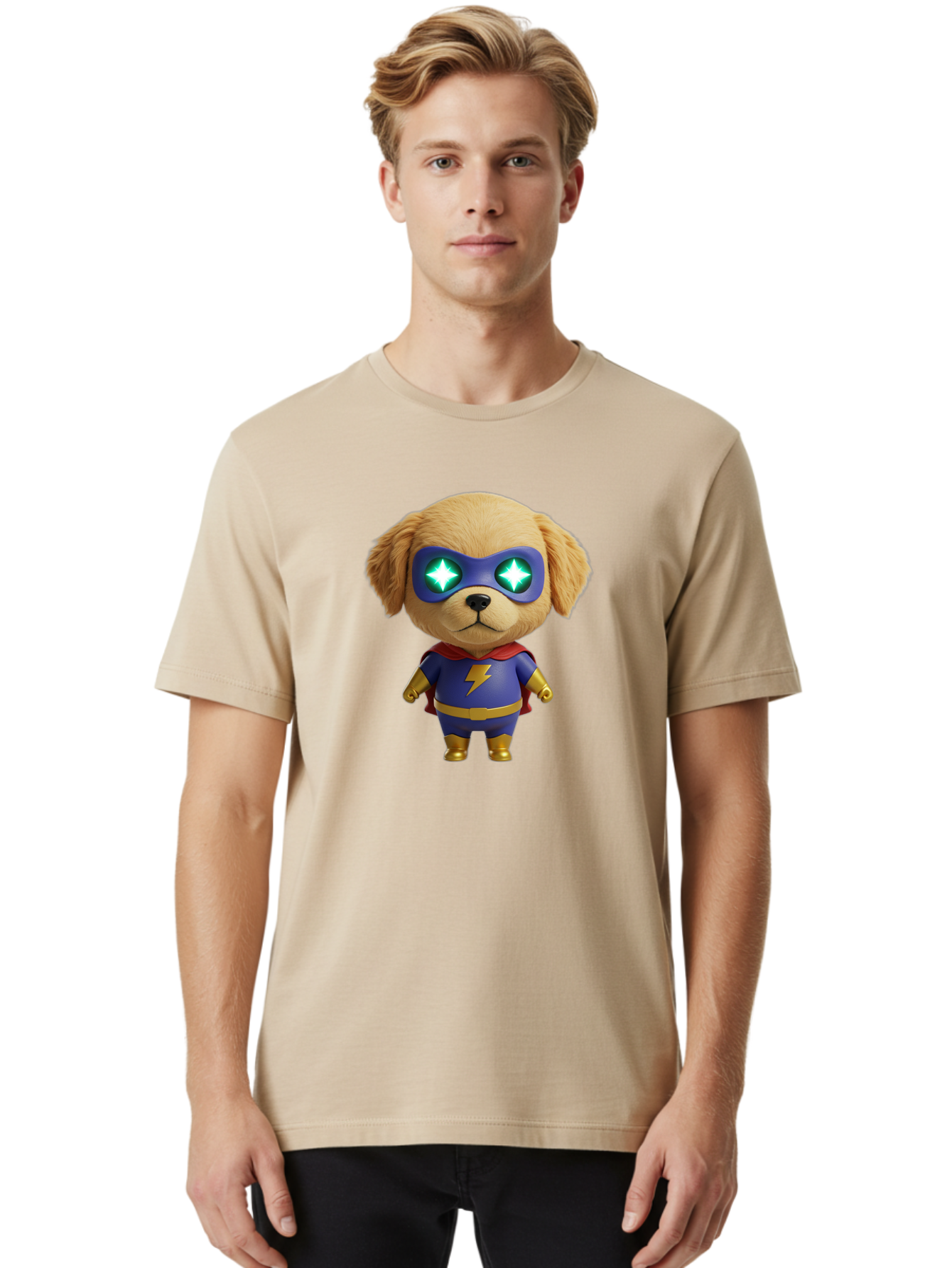 Super-Puppy Men'S Graphic Tee, 100% Cotton, Comfortable Casual Summer Wear, Machine Washable, Superhero Dog, Cartoon Character, Puppy Wearing Mask, Superhero Costume, Puppy With Cape, Dog With Lightning Bolt, Cute Puppy, Digital Illustration, Bac502