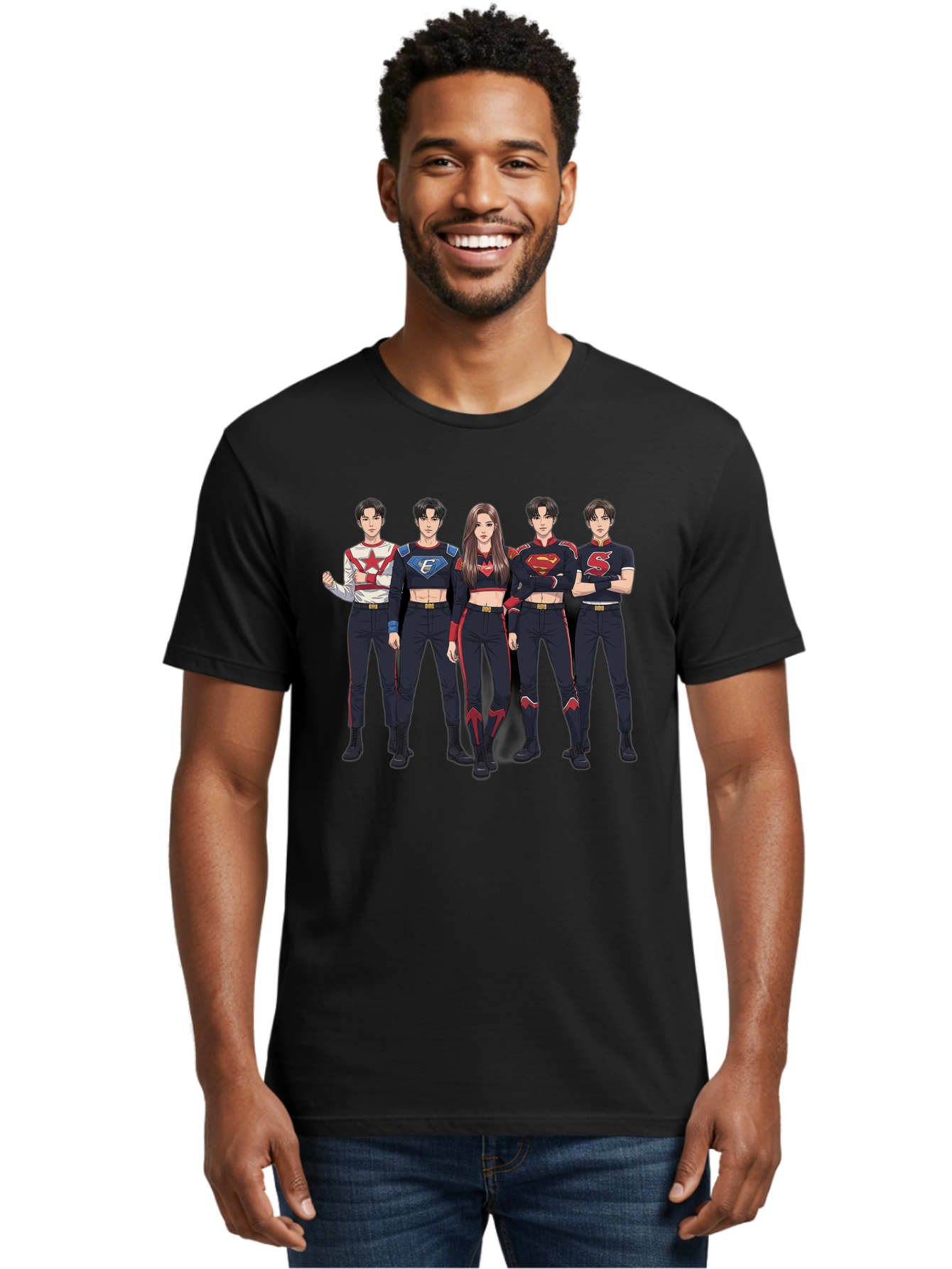 Superheroes-Kpop-Group Men'S Graphic Tee, 100% Cotton, Comfortable Casual Summer Wear, Machine Washable, Superhero Team, K-Pop Inspired Costumes, Superhero Logos, Red And Black Attire, Superhero Fashion, Comic Book Style, Modern Superheroes, Bac503