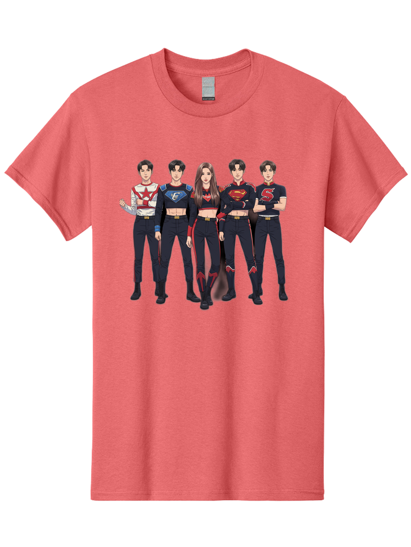 Superheroes-Kpop-Group Men'S Graphic Tee, 100% Cotton, Comfortable Casual Summer Wear, Machine Washable, Superhero Team, K-Pop Inspired Costumes, Superhero Logos, Red And Black Attire, Superhero Fashion, Comic Book Style, Modern Superheroes, Bac503
