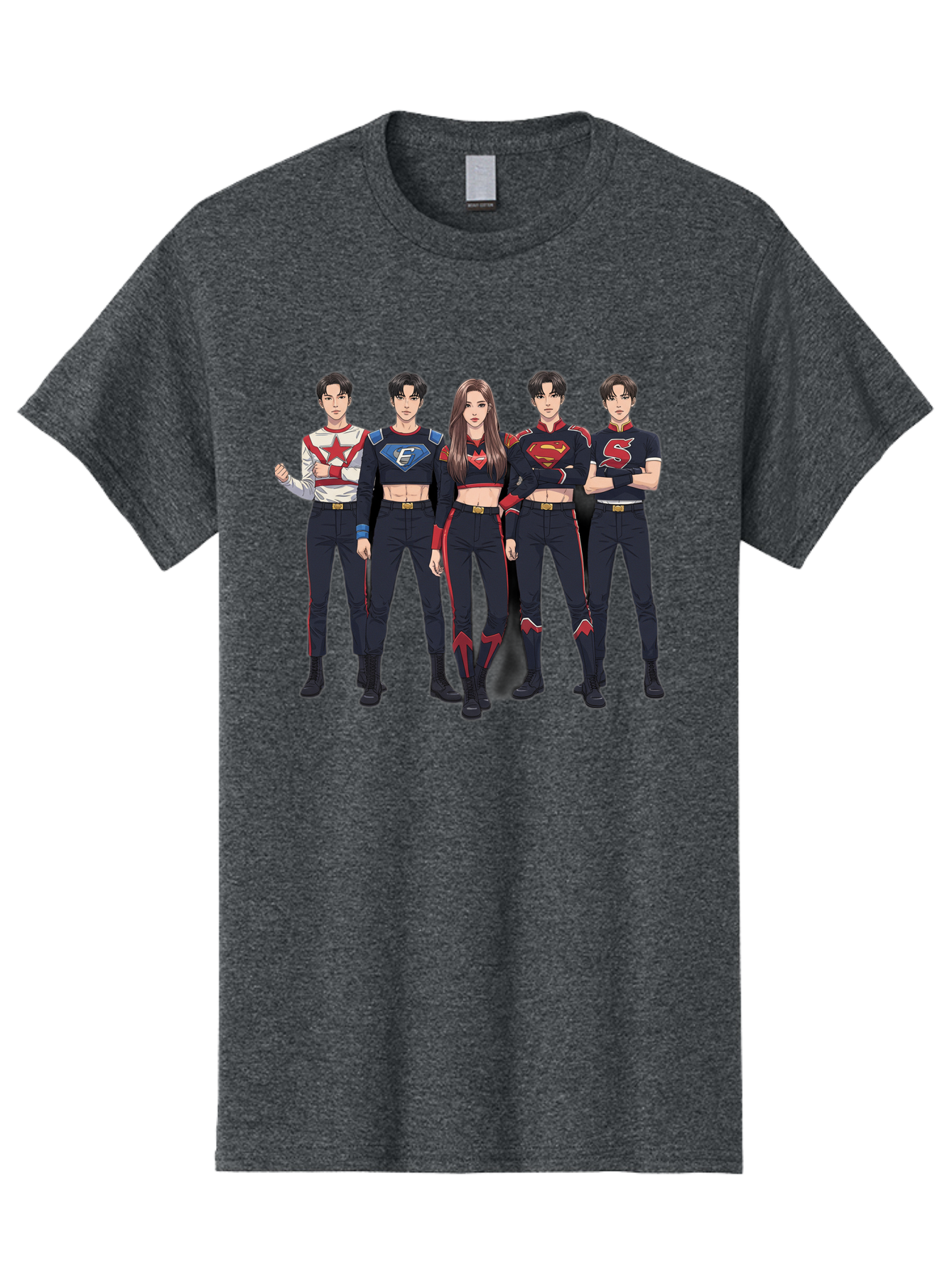 Superheroes-Kpop-Group Men'S Graphic Tee, 100% Cotton, Comfortable Casual Summer Wear, Machine Washable, Superhero Team, K-Pop Inspired Costumes, Superhero Logos, Red And Black Attire, Superhero Fashion, Comic Book Style, Modern Superheroes, Bac503