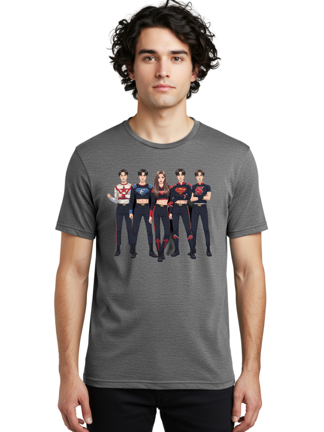 Superheroes-Kpop-Group Men'S Graphic Tee, 100% Cotton, Comfortable Casual Summer Wear, Machine Washable, Superhero Team, K-Pop Inspired Costumes, Superhero Logos, Red And Black Attire, Superhero Fashion, Comic Book Style, Modern Superheroes, Bac503