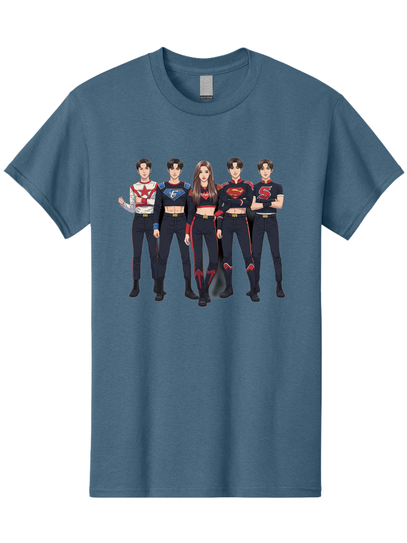 Superheroes-Kpop-Group Men'S Graphic Tee, 100% Cotton, Comfortable Casual Summer Wear, Machine Washable, Superhero Team, K-Pop Inspired Costumes, Superhero Logos, Red And Black Attire, Superhero Fashion, Comic Book Style, Modern Superheroes, Bac503