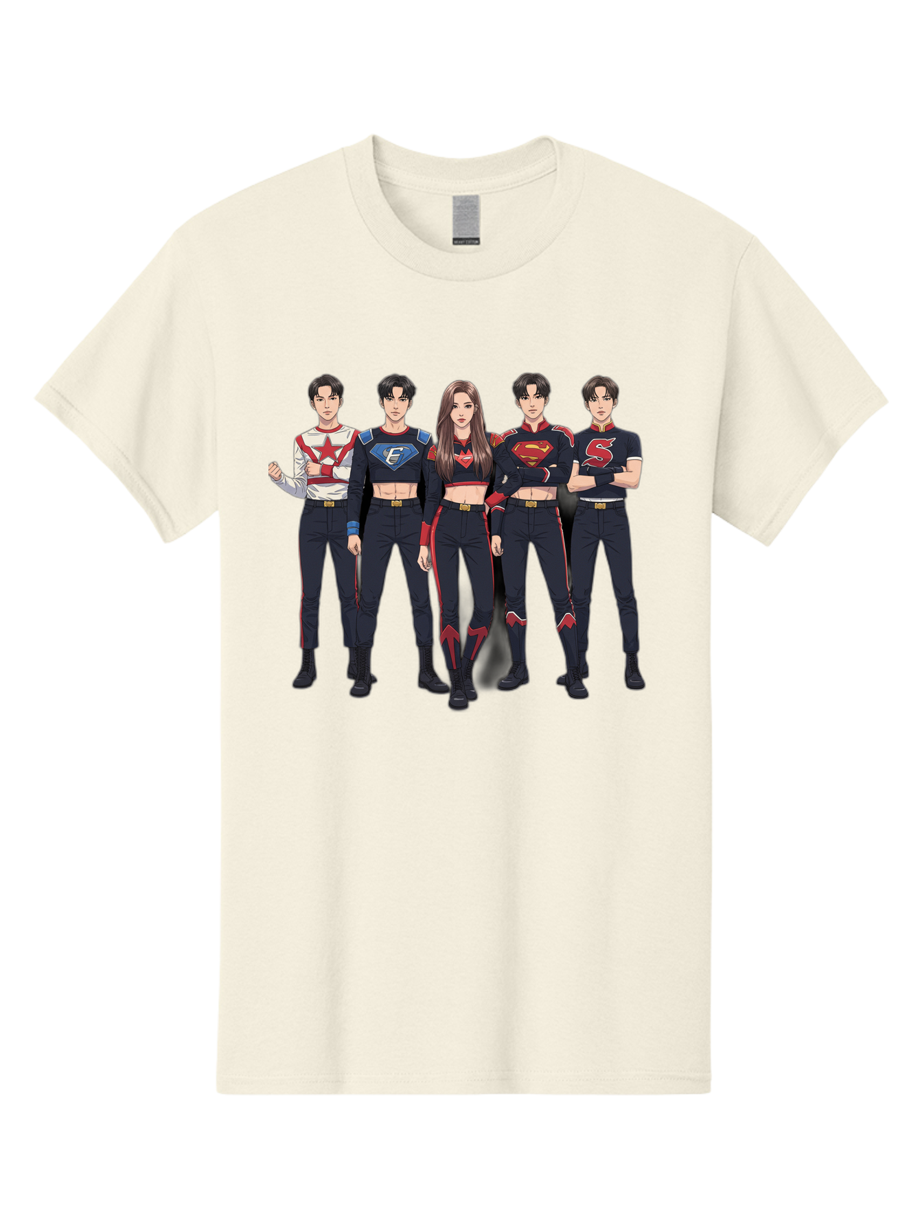 Superheroes-Kpop-Group Men'S Graphic Tee, 100% Cotton, Comfortable Casual Summer Wear, Machine Washable, Superhero Team, K-Pop Inspired Costumes, Superhero Logos, Red And Black Attire, Superhero Fashion, Comic Book Style, Modern Superheroes, Bac503