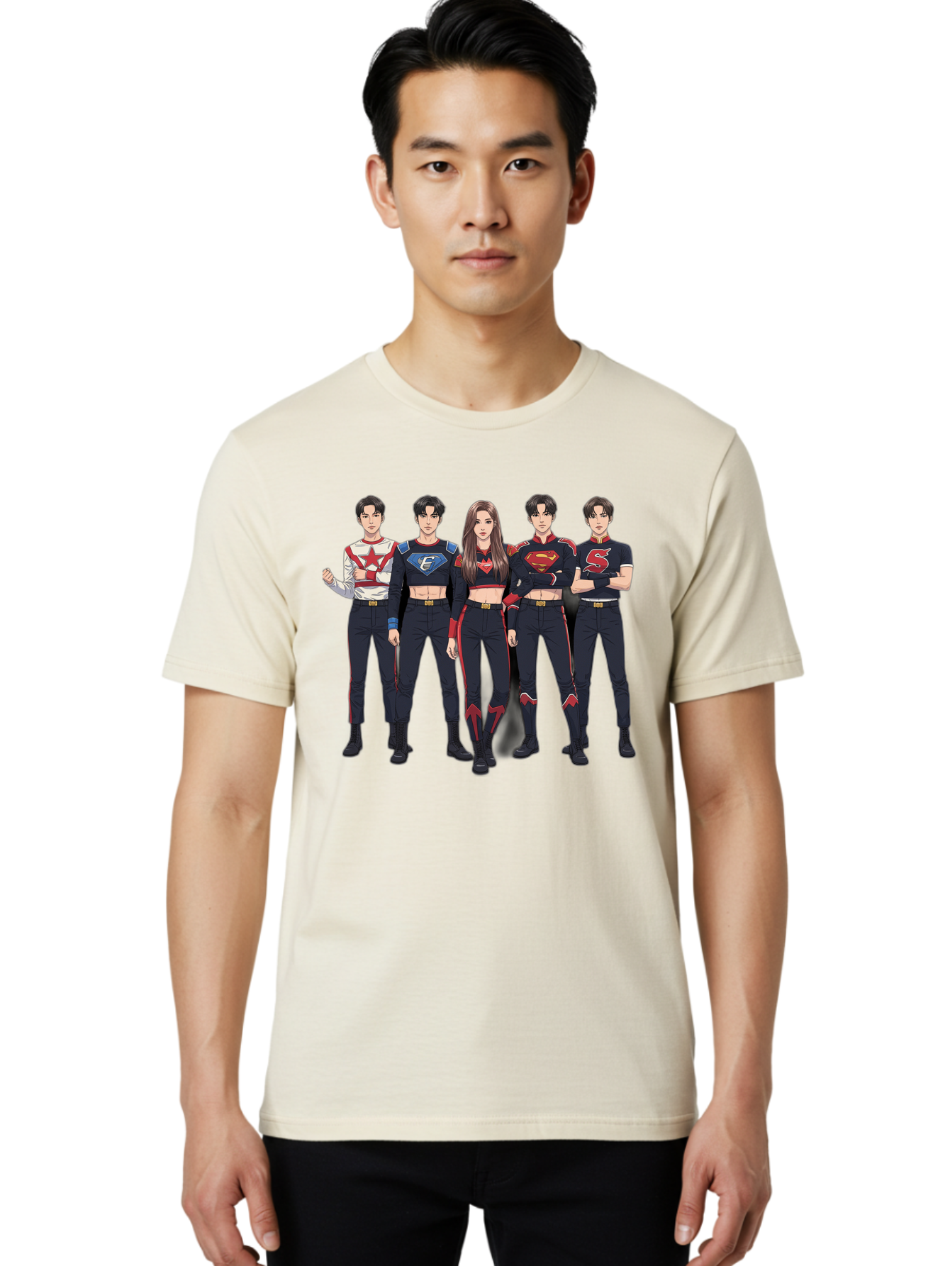 Superheroes-Kpop-Group Men'S Graphic Tee, 100% Cotton, Comfortable Casual Summer Wear, Machine Washable, Superhero Team, K-Pop Inspired Costumes, Superhero Logos, Red And Black Attire, Superhero Fashion, Comic Book Style, Modern Superheroes, Bac503