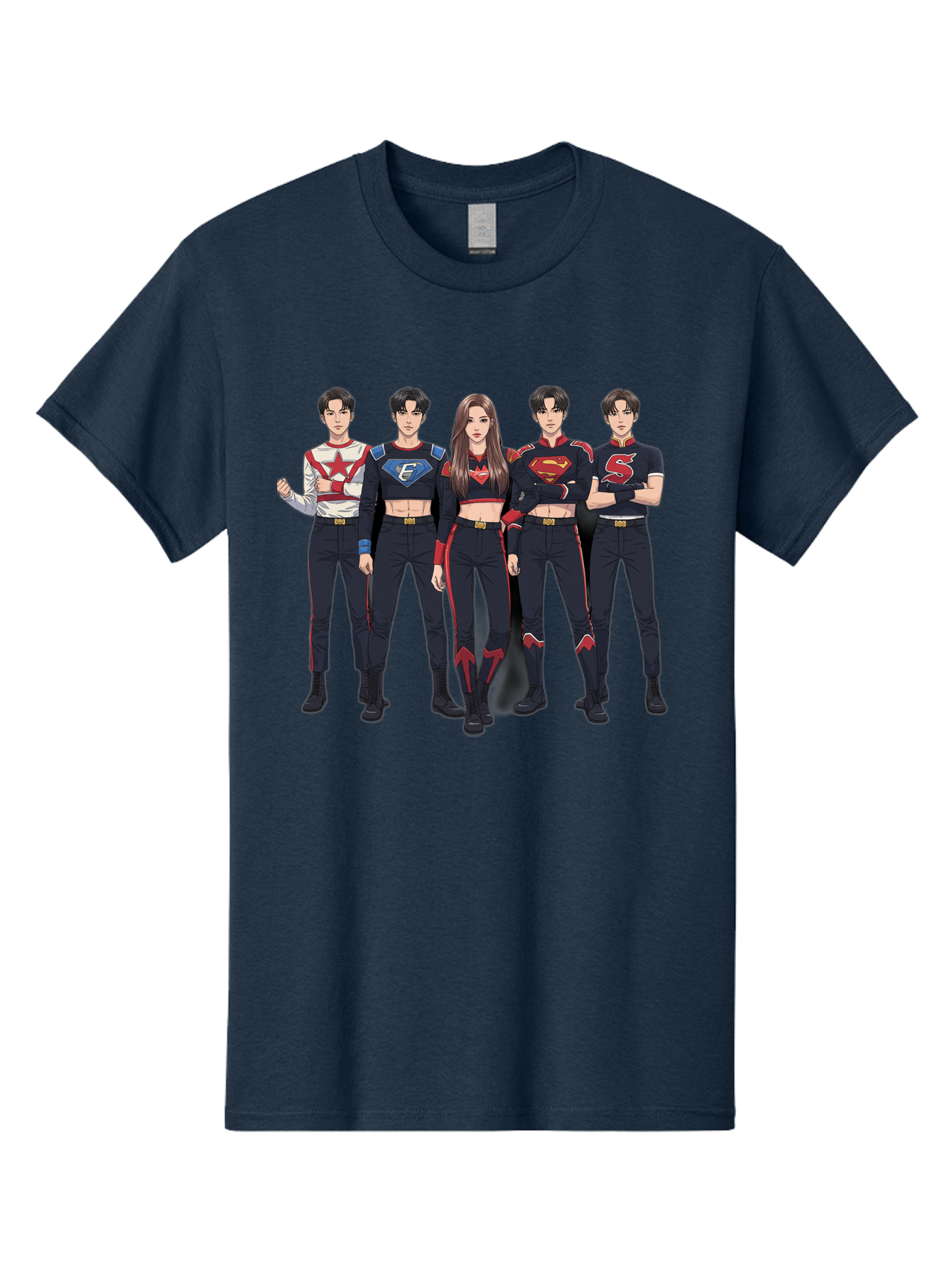 Superheroes-Kpop-Group Men'S Graphic Tee, 100% Cotton, Comfortable Casual Summer Wear, Machine Washable, Superhero Team, K-Pop Inspired Costumes, Superhero Logos, Red And Black Attire, Superhero Fashion, Comic Book Style, Modern Superheroes, Bac503