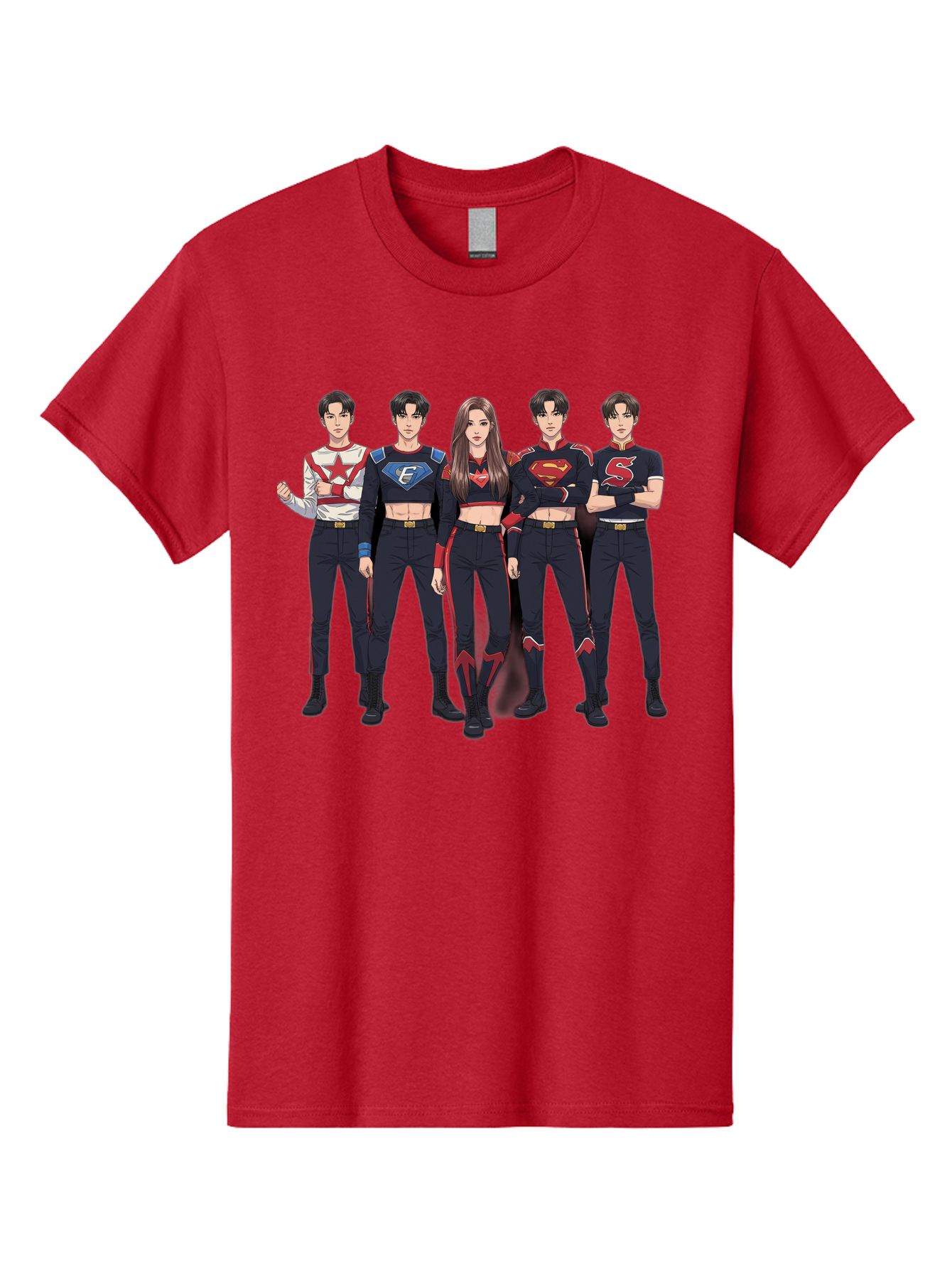Superheroes-Kpop-Group Men'S Graphic Tee, 100% Cotton, Comfortable Casual Summer Wear, Machine Washable, Superhero Team, K-Pop Inspired Costumes, Superhero Logos, Red And Black Attire, Superhero Fashion, Comic Book Style, Modern Superheroes, Bac503