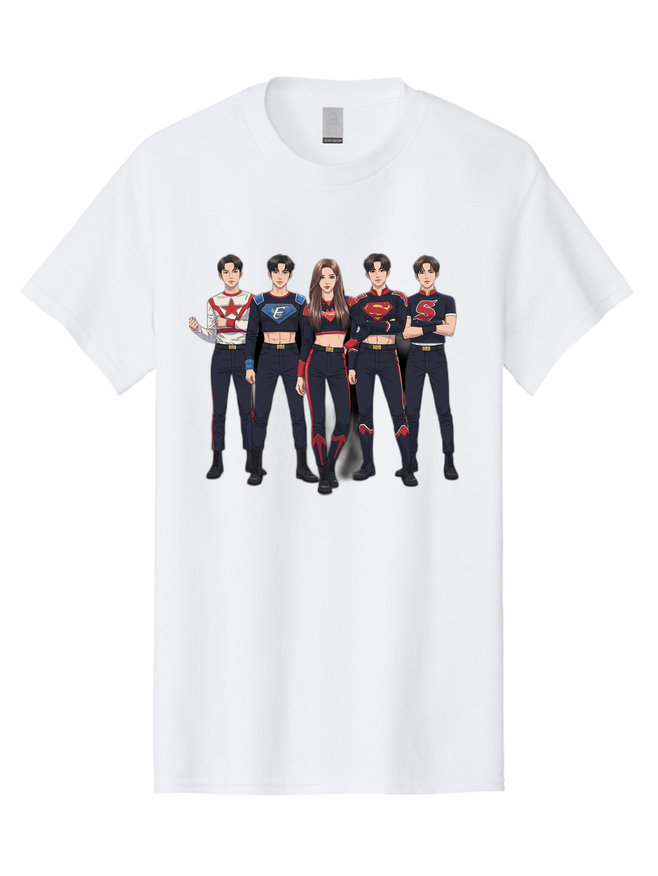 Superheroes-Kpop-Group Men'S Graphic Tee, 100% Cotton, Comfortable Casual Summer Wear, Machine Washable, Superhero Team, K-Pop Inspired Costumes, Superhero Logos, Red And Black Attire, Superhero Fashion, Comic Book Style, Modern Superheroes, Bac503