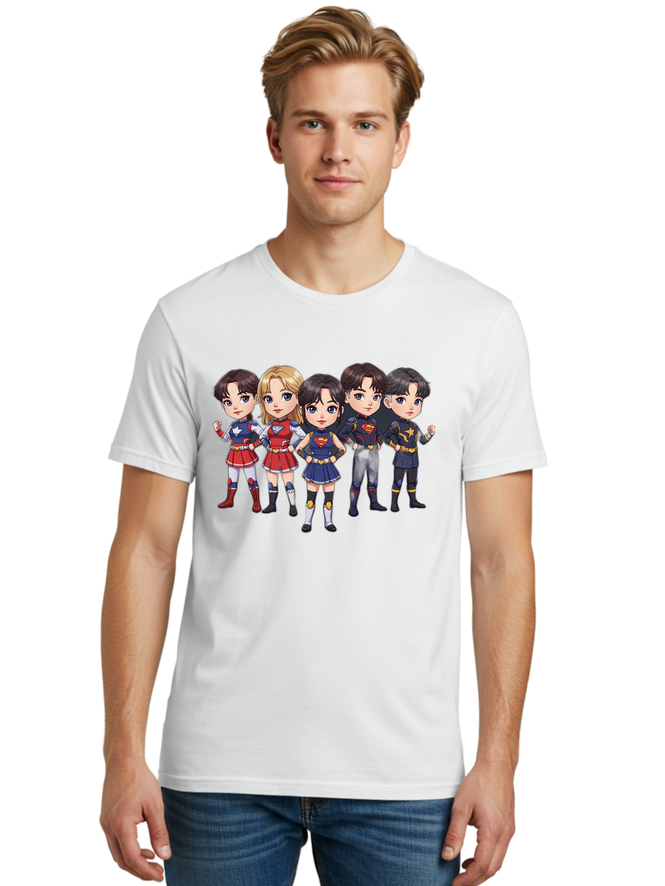 Superheroes Men'S Graphic Tee, 100% Cotton, Comfortable Casual Summer Wear, Machine Washable, Cartoon Superheroes, Superhero Team, Dc Characters, Wonder Woman, Supergirl, Superman, Costume Design, Superhero Costumes, Comic Book Style, Bac504