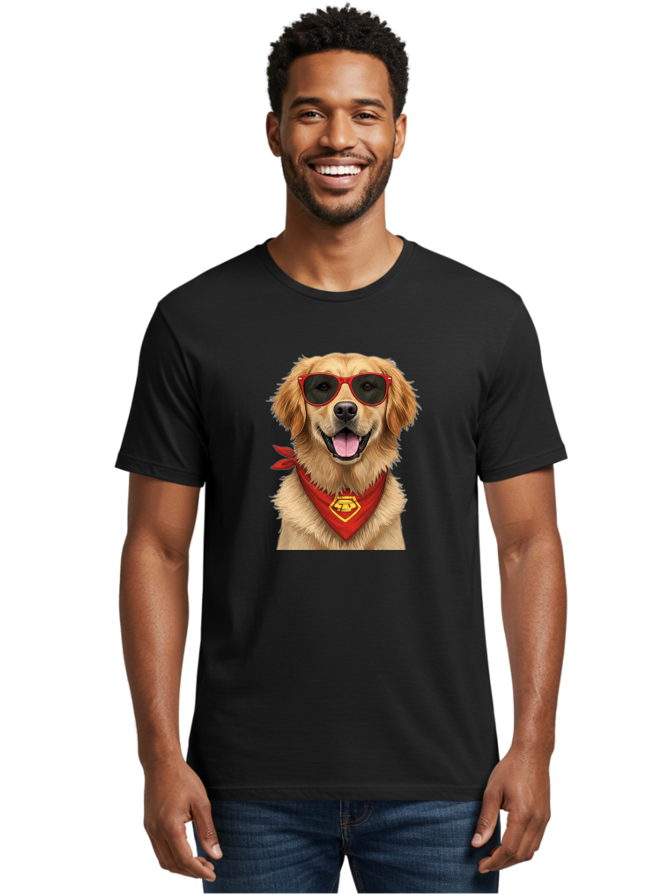 Superman-Dog Men'S Graphic Tee, 100% Cotton, Comfortable Casual Summer Wear, Machine Washable, Golden Retriever Wearing Red Sunglasses, Red Bandana With Yellow Logo, Cool Dog, Humorous Illustration, Fun Pet, Dog In Shades, Canine Fashion Bac505