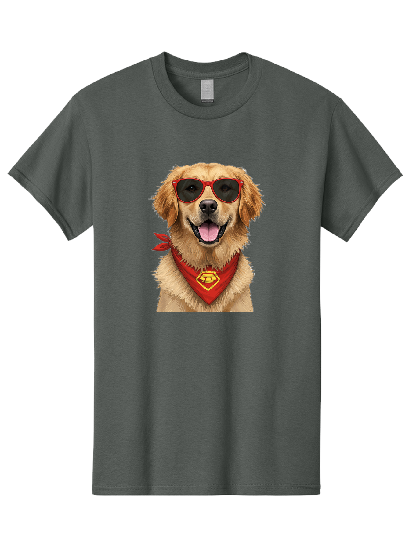 Superman-Dog Men'S Graphic Tee, 100% Cotton, Comfortable Casual Summer Wear, Machine Washable, Golden Retriever Wearing Red Sunglasses, Red Bandana With Yellow Logo, Cool Dog, Humorous Illustration, Fun Pet, Dog In Shades, Canine Fashion Bac505