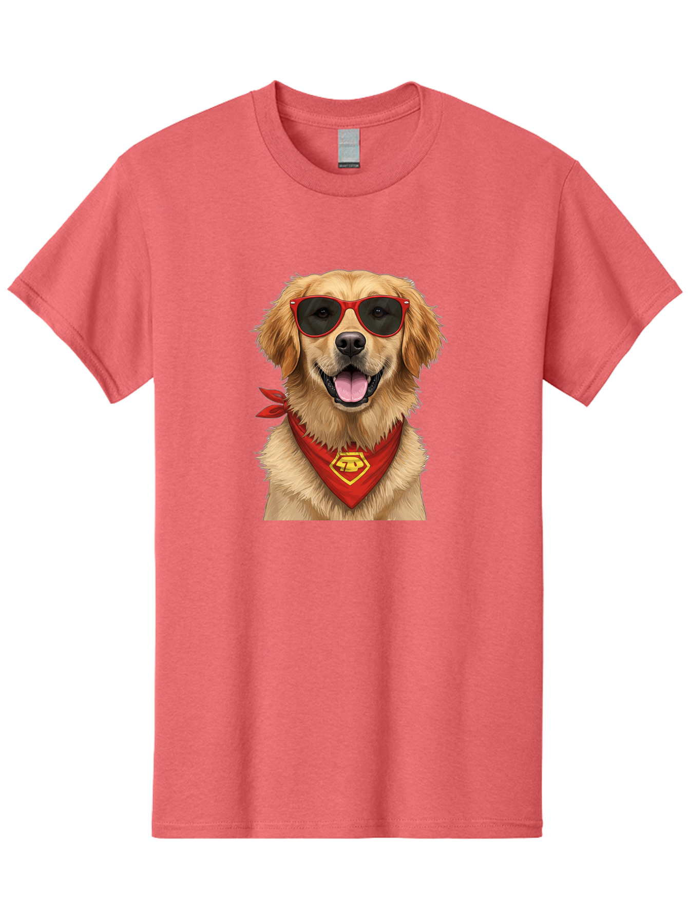 Superman-Dog Men'S Graphic Tee, 100% Cotton, Comfortable Casual Summer Wear, Machine Washable, Golden Retriever Wearing Red Sunglasses, Red Bandana With Yellow Logo, Cool Dog, Humorous Illustration, Fun Pet, Dog In Shades, Canine Fashion Bac505
