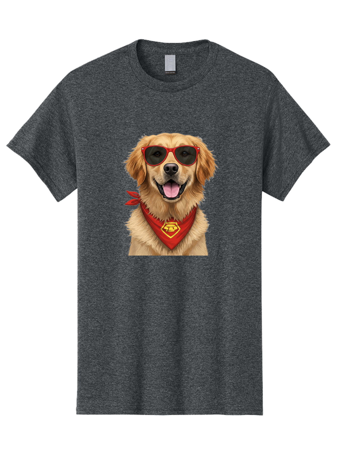 Superman-Dog Men'S Graphic Tee, 100% Cotton, Comfortable Casual Summer Wear, Machine Washable, Golden Retriever Wearing Red Sunglasses, Red Bandana With Yellow Logo, Cool Dog, Humorous Illustration, Fun Pet, Dog In Shades, Canine Fashion Bac505