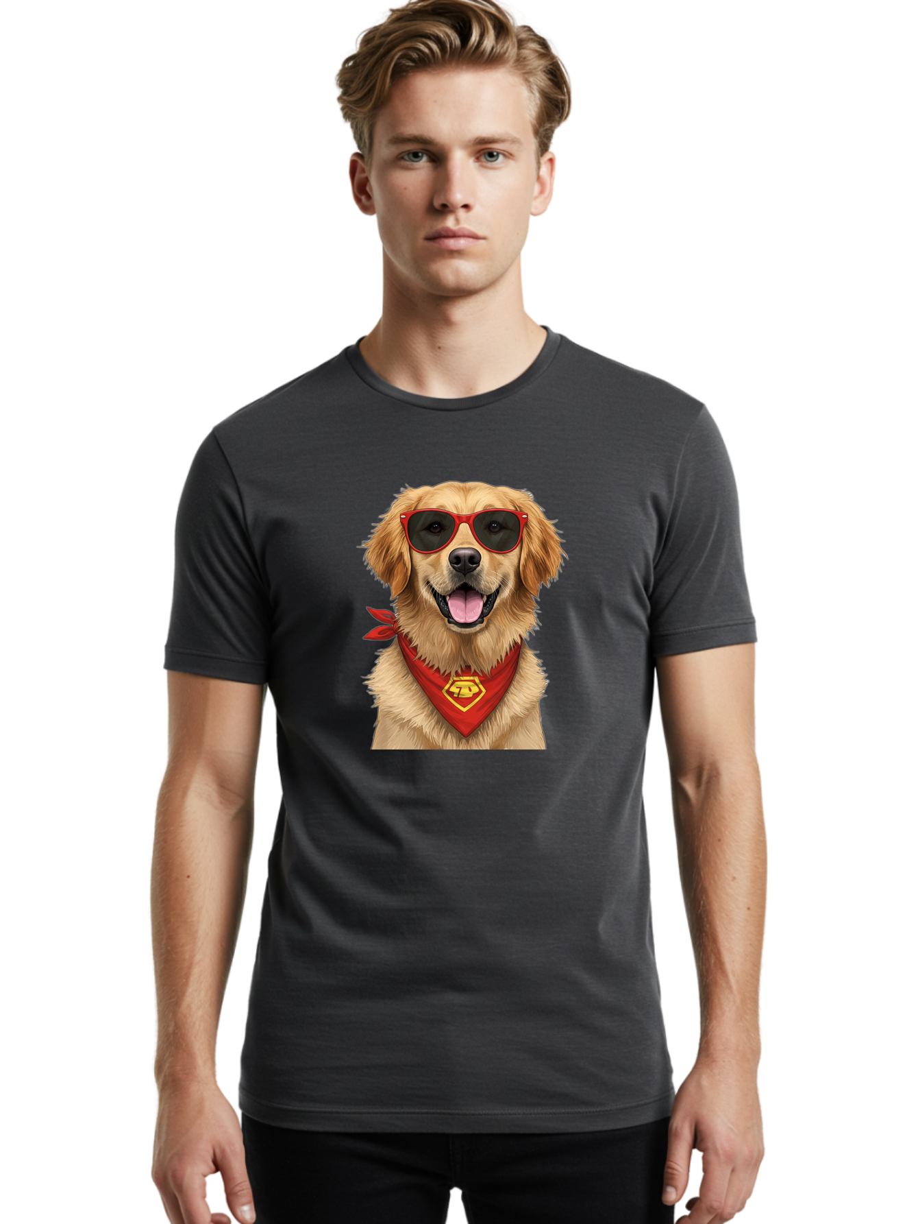 Superman-Dog Men'S Graphic Tee, 100% Cotton, Comfortable Casual Summer Wear, Machine Washable, Golden Retriever Wearing Red Sunglasses, Red Bandana With Yellow Logo, Cool Dog, Humorous Illustration, Fun Pet, Dog In Shades, Canine Fashion Bac505
