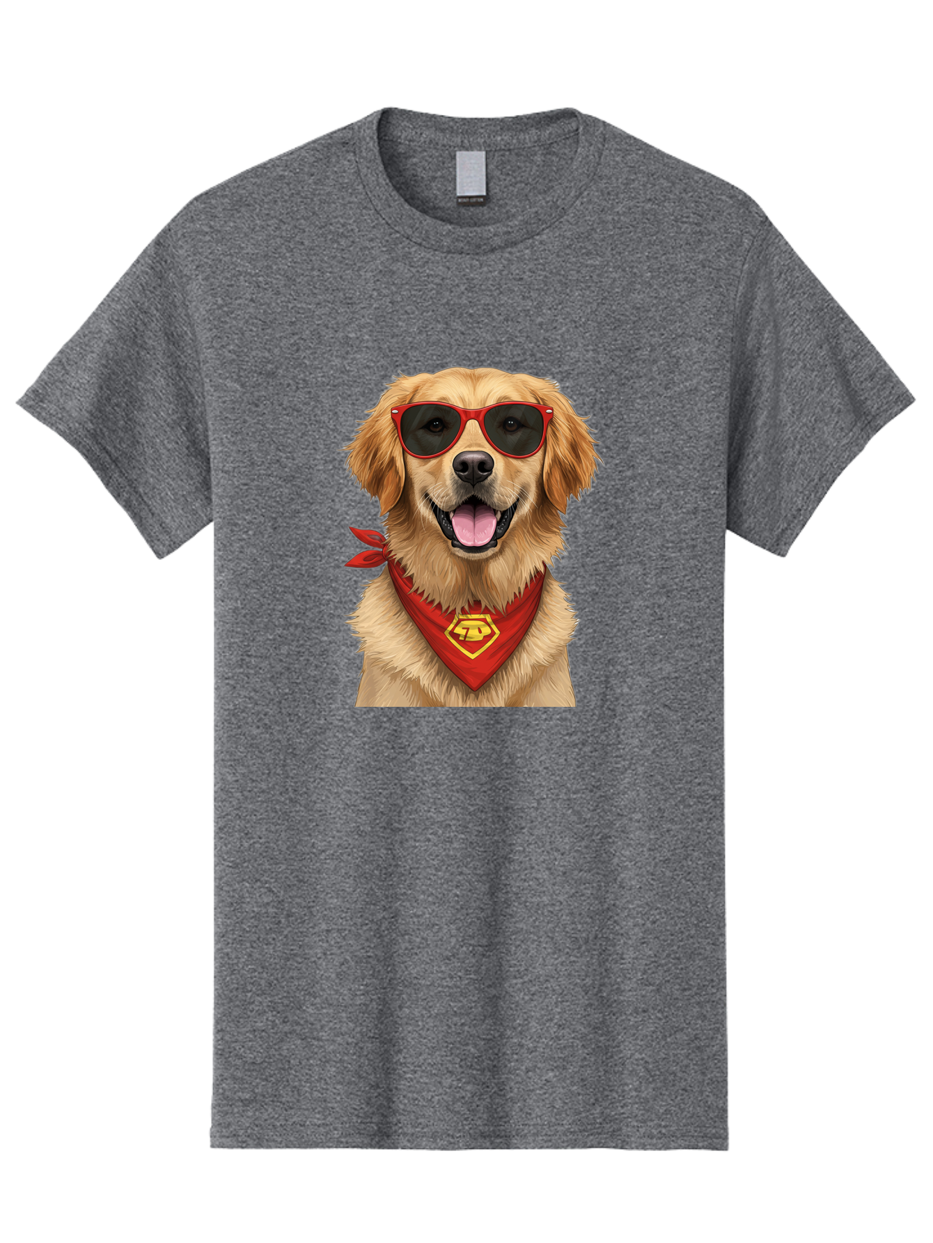 Superman-Dog Men'S Graphic Tee, 100% Cotton, Comfortable Casual Summer Wear, Machine Washable, Golden Retriever Wearing Red Sunglasses, Red Bandana With Yellow Logo, Cool Dog, Humorous Illustration, Fun Pet, Dog In Shades, Canine Fashion Bac505