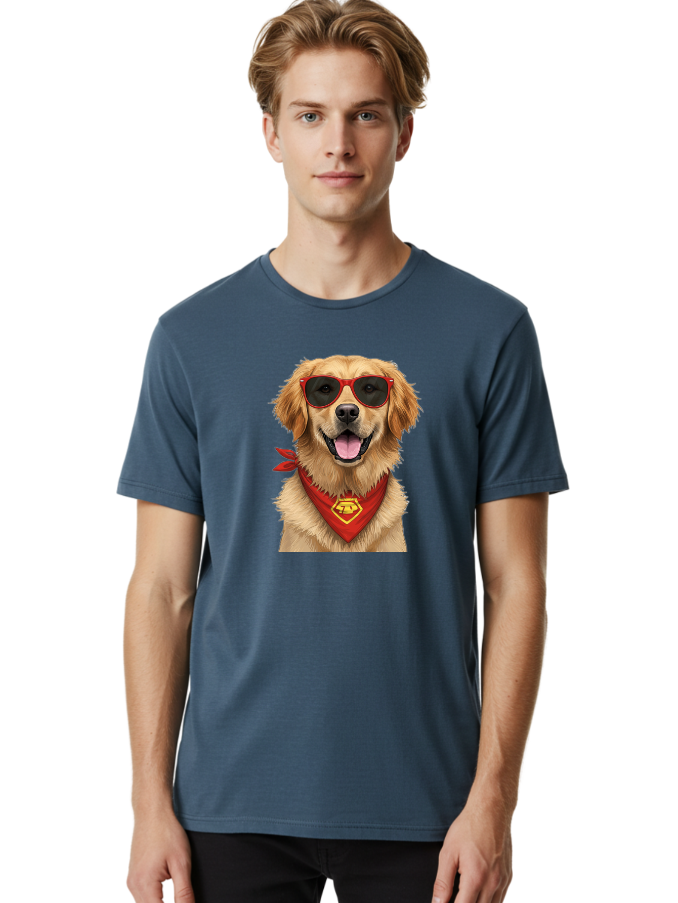 Superman-Dog Men'S Graphic Tee, 100% Cotton, Comfortable Casual Summer Wear, Machine Washable, Golden Retriever Wearing Red Sunglasses, Red Bandana With Yellow Logo, Cool Dog, Humorous Illustration, Fun Pet, Dog In Shades, Canine Fashion Bac505