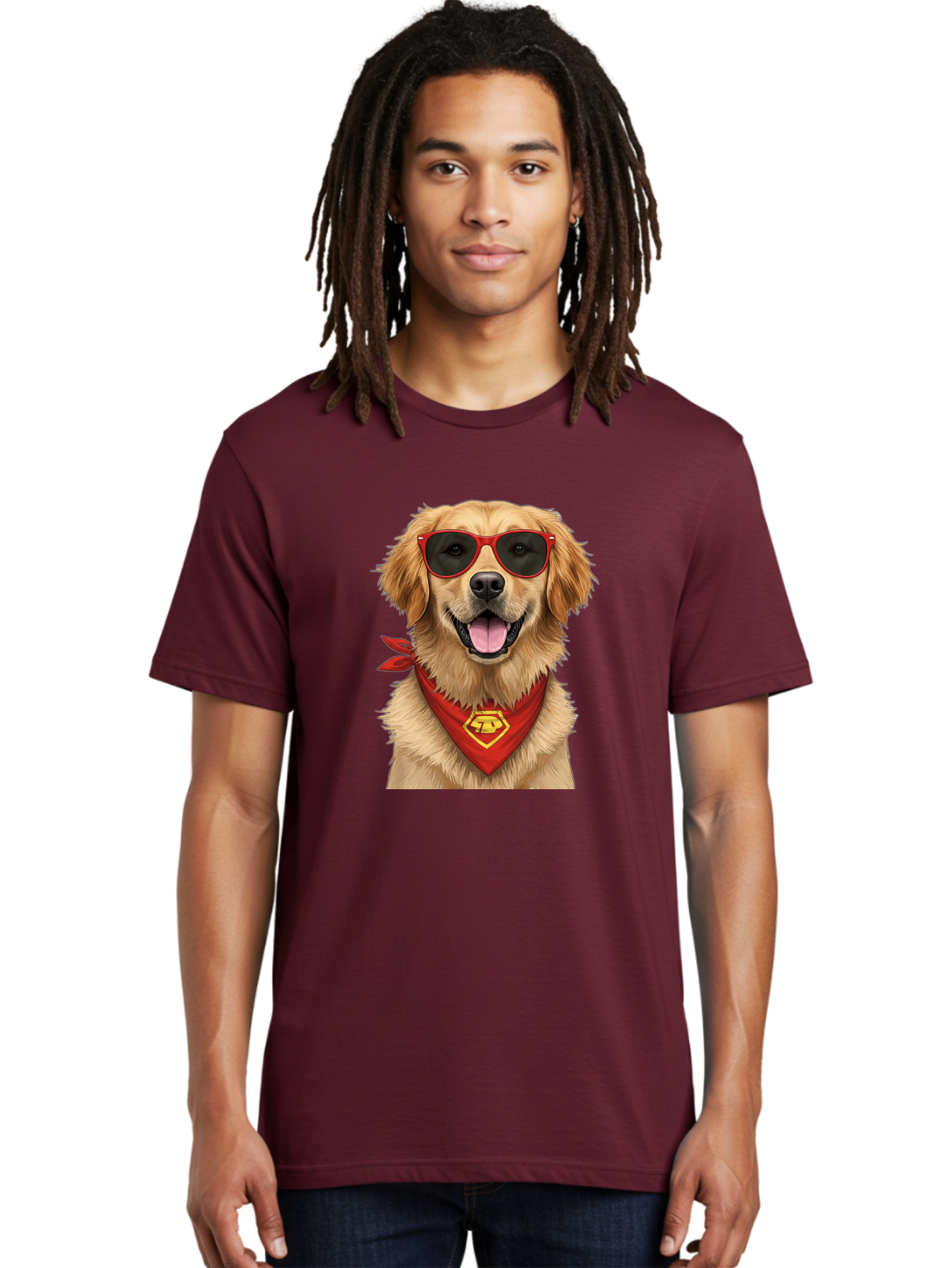 Superman-Dog Men'S Graphic Tee, 100% Cotton, Comfortable Casual Summer Wear, Machine Washable, Golden Retriever Wearing Red Sunglasses, Red Bandana With Yellow Logo, Cool Dog, Humorous Illustration, Fun Pet, Dog In Shades, Canine Fashion Bac505