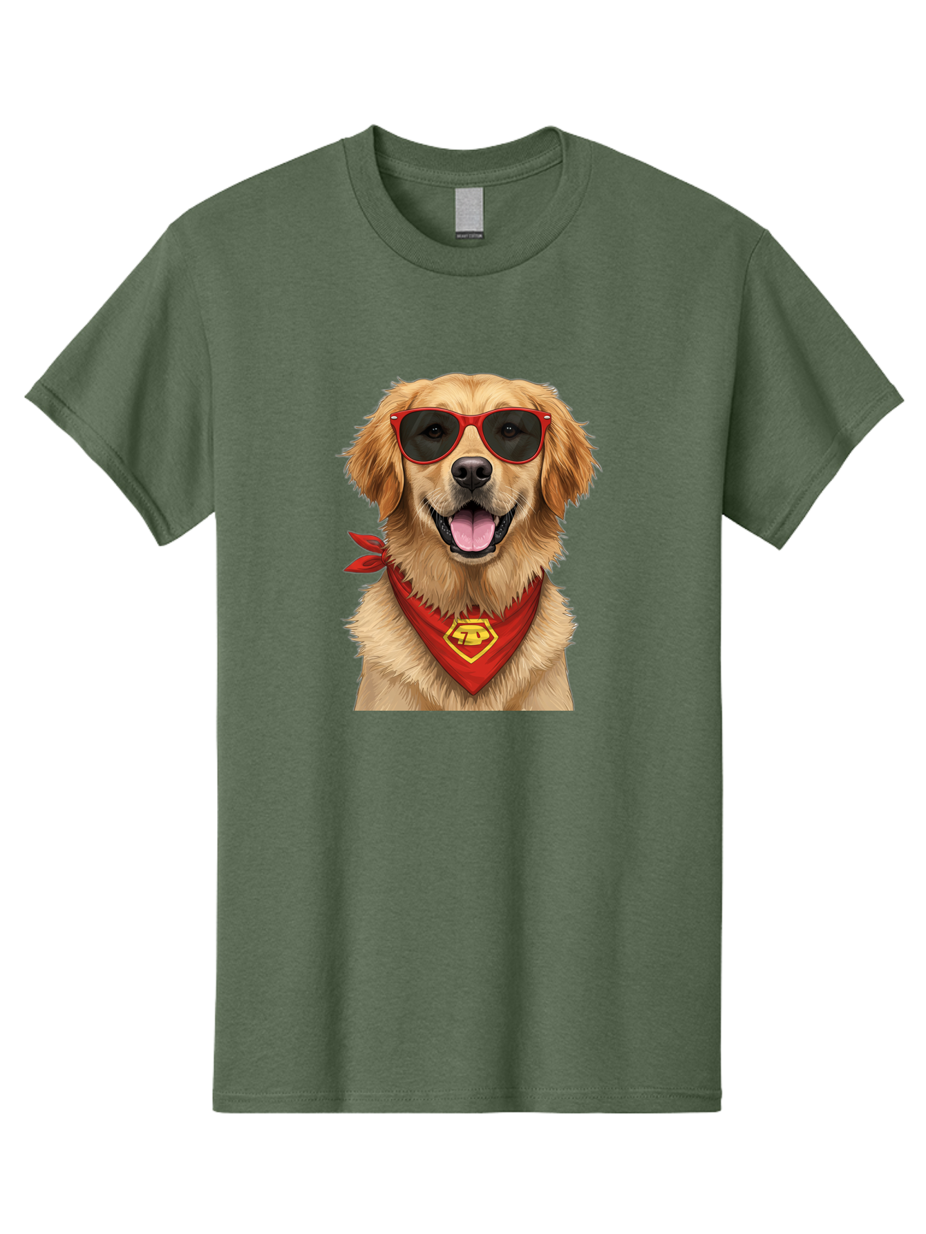 Superman-Dog Men'S Graphic Tee, 100% Cotton, Comfortable Casual Summer Wear, Machine Washable, Golden Retriever Wearing Red Sunglasses, Red Bandana With Yellow Logo, Cool Dog, Humorous Illustration, Fun Pet, Dog In Shades, Canine Fashion Bac505