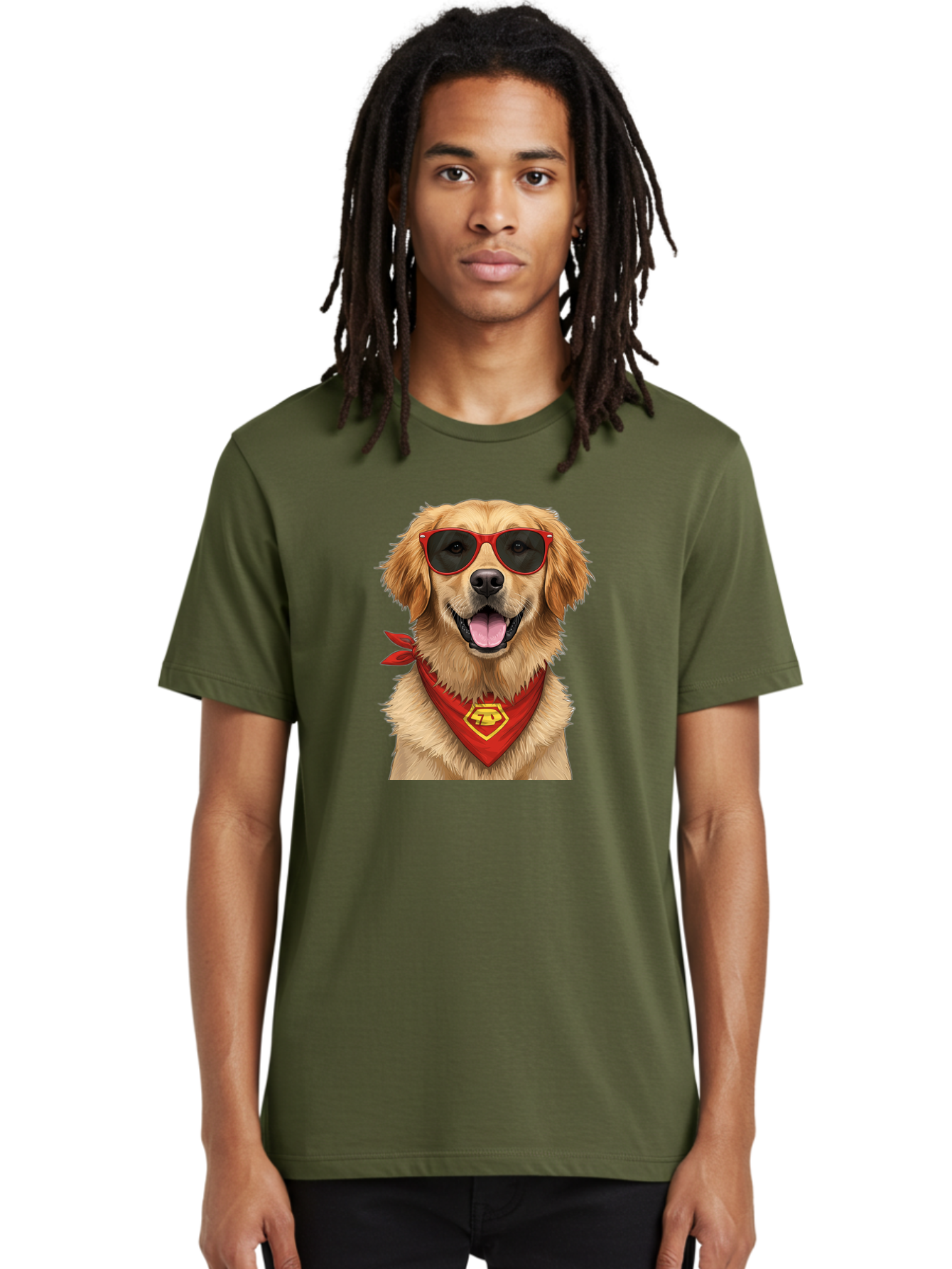 Superman-Dog Men'S Graphic Tee, 100% Cotton, Comfortable Casual Summer Wear, Machine Washable, Golden Retriever Wearing Red Sunglasses, Red Bandana With Yellow Logo, Cool Dog, Humorous Illustration, Fun Pet, Dog In Shades, Canine Fashion Bac505