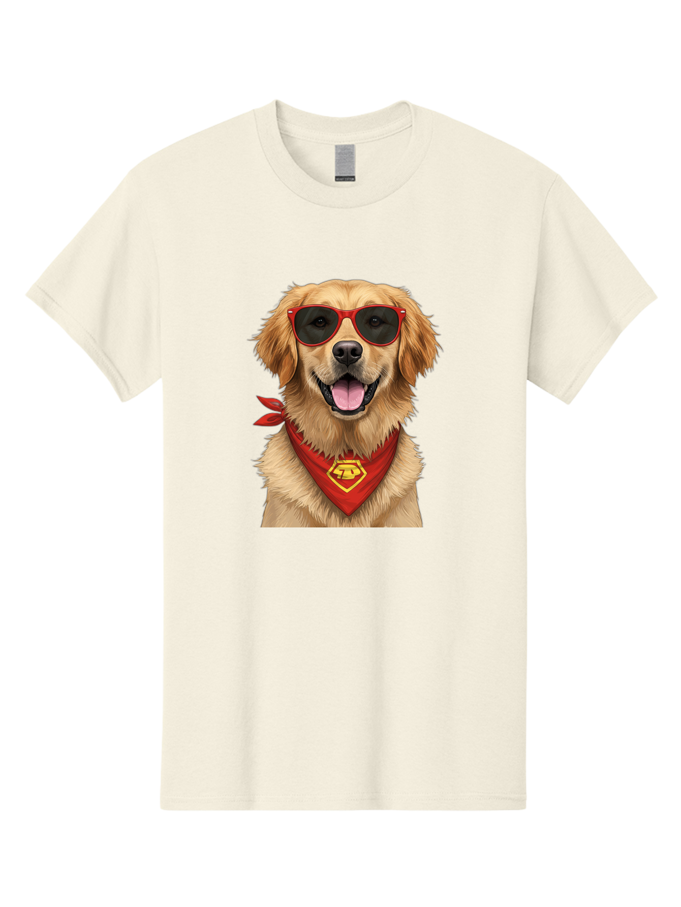 Superman-Dog Men'S Graphic Tee, 100% Cotton, Comfortable Casual Summer Wear, Machine Washable, Golden Retriever Wearing Red Sunglasses, Red Bandana With Yellow Logo, Cool Dog, Humorous Illustration, Fun Pet, Dog In Shades, Canine Fashion Bac505