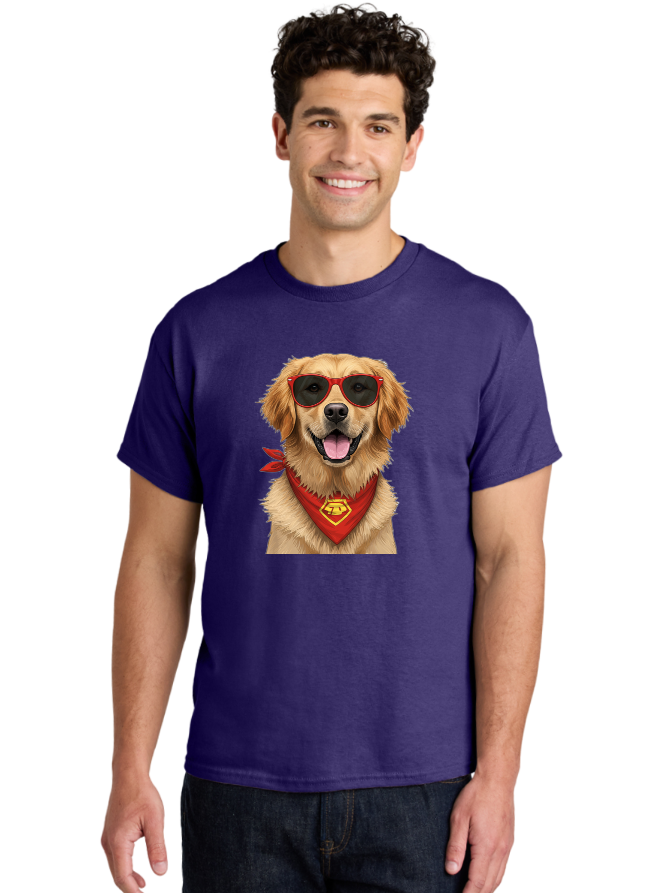 Superman-Dog Men'S Graphic Tee, 100% Cotton, Comfortable Casual Summer Wear, Machine Washable, Golden Retriever Wearing Red Sunglasses, Red Bandana With Yellow Logo, Cool Dog, Humorous Illustration, Fun Pet, Dog In Shades, Canine Fashion Bac505