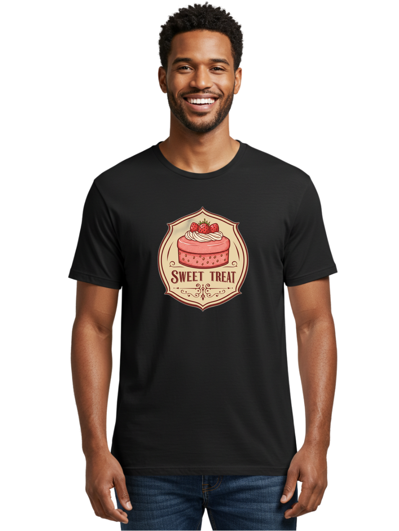 Sweet-Treat Men'S Graphic Tee, 100% Cotton, Comfortable Casual Summer Wear, Machine Washable, Strawberry Cake, Sweet Treat, Dessert Logo, Vintage Label, Whipped Cream, Strawberries, Cake Decoration, Bakery Design, Retro Style, Sweet Delights Bac506