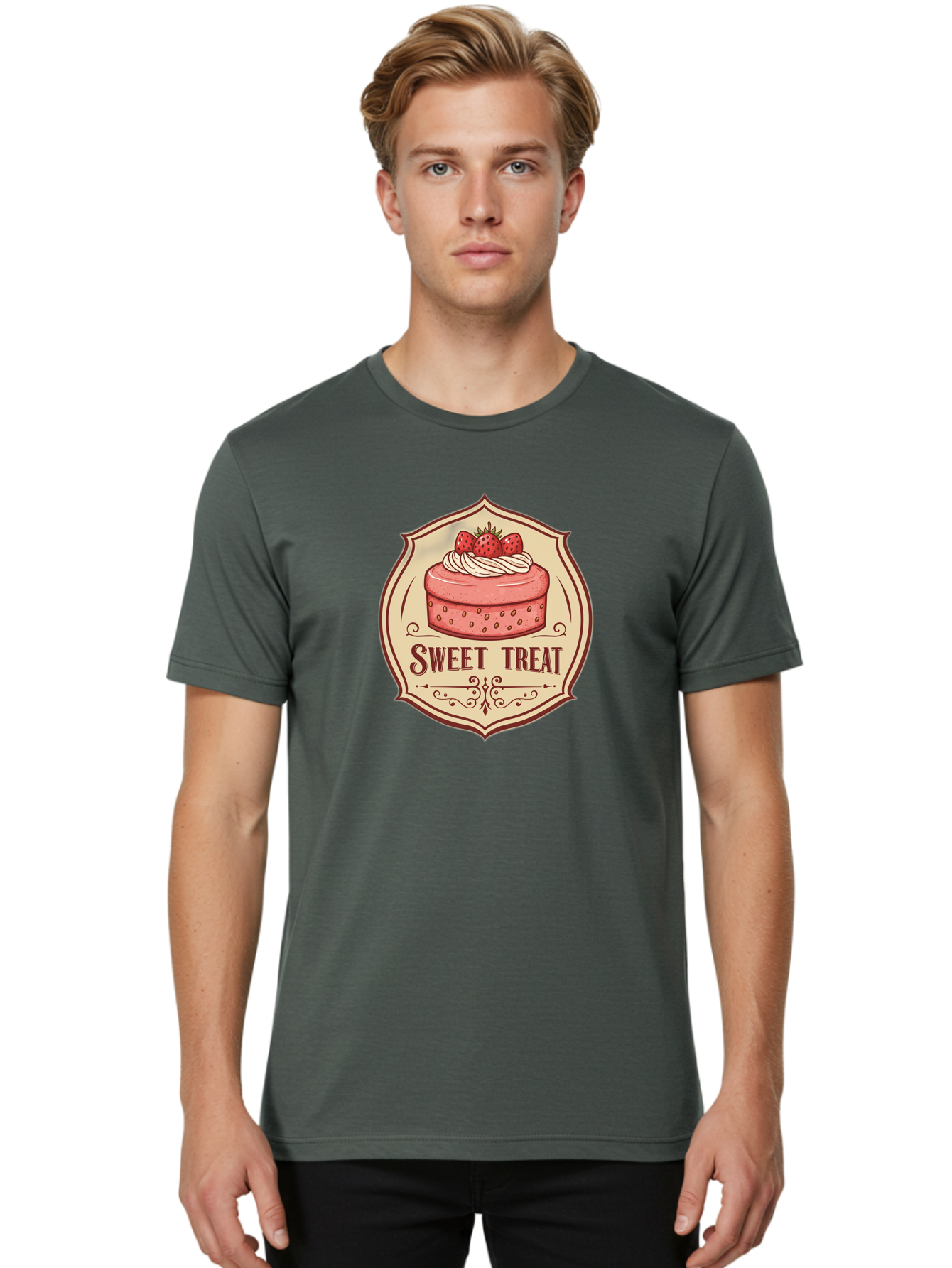 Sweet-Treat Men'S Graphic Tee, 100% Cotton, Comfortable Casual Summer Wear, Machine Washable, Strawberry Cake, Sweet Treat, Dessert Logo, Vintage Label, Whipped Cream, Strawberries, Cake Decoration, Bakery Design, Retro Style, Sweet Delights Bac506