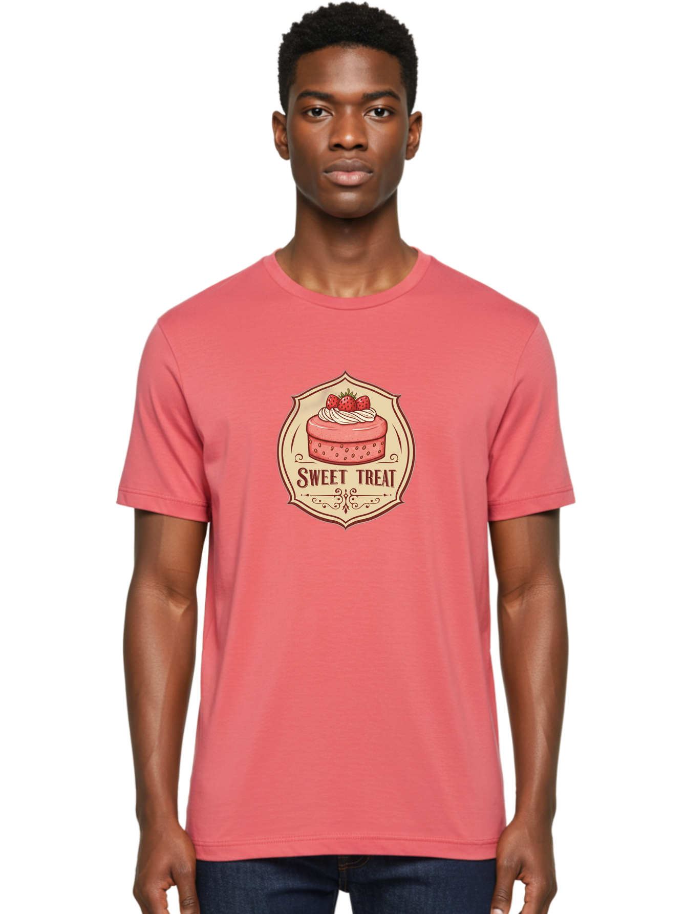 Sweet-Treat Men'S Graphic Tee, 100% Cotton, Comfortable Casual Summer Wear, Machine Washable, Strawberry Cake, Sweet Treat, Dessert Logo, Vintage Label, Whipped Cream, Strawberries, Cake Decoration, Bakery Design, Retro Style, Sweet Delights Bac506