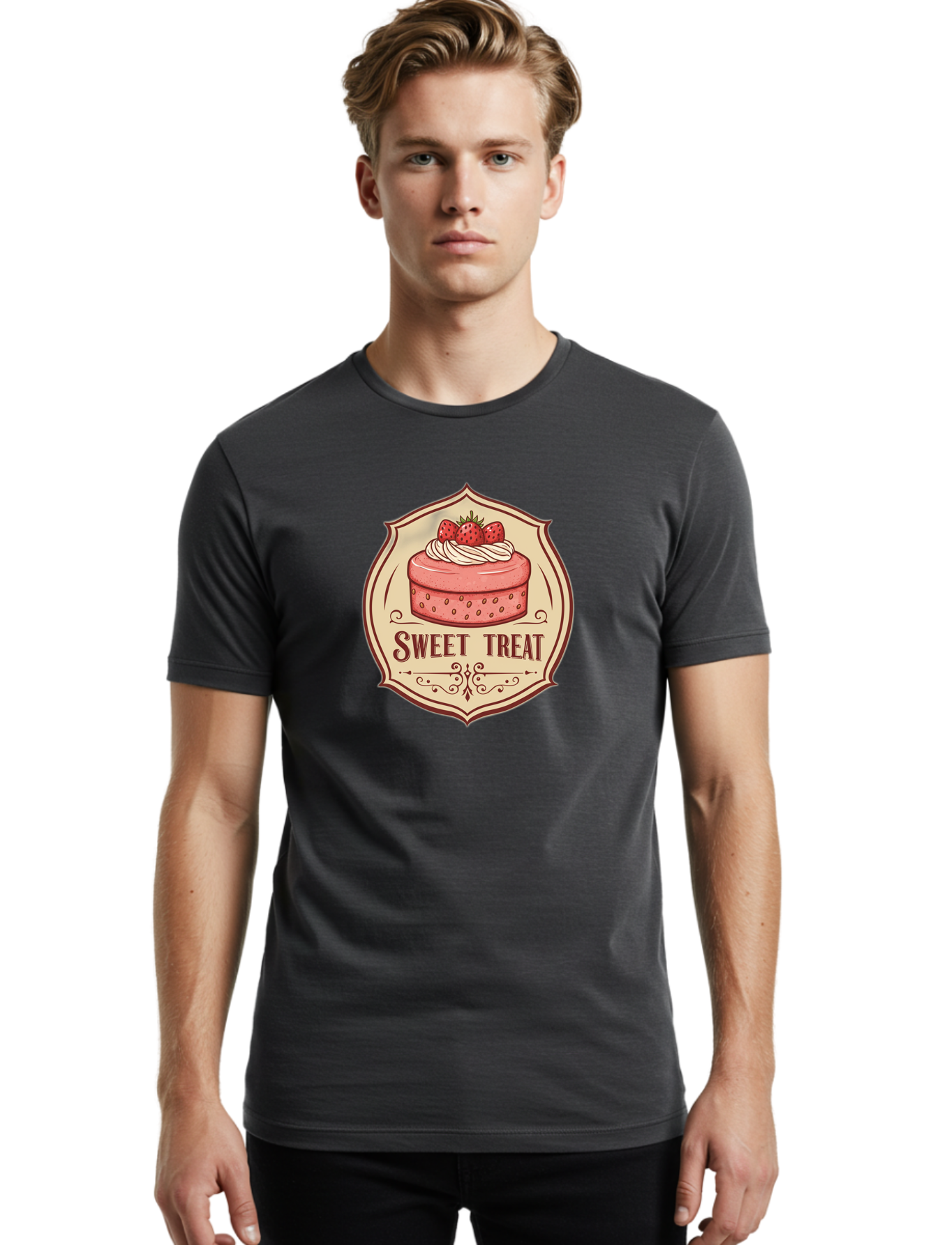 Sweet-Treat Men'S Graphic Tee, 100% Cotton, Comfortable Casual Summer Wear, Machine Washable, Strawberry Cake, Sweet Treat, Dessert Logo, Vintage Label, Whipped Cream, Strawberries, Cake Decoration, Bakery Design, Retro Style, Sweet Delights Bac506
