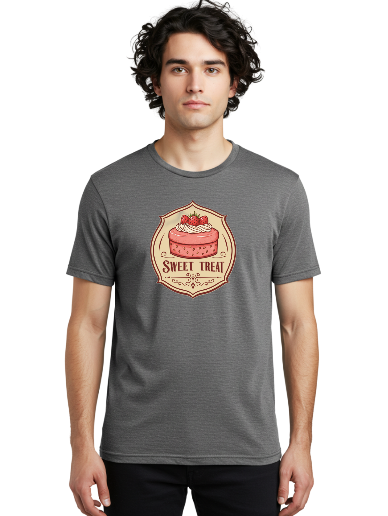 Sweet-Treat Men'S Graphic Tee, 100% Cotton, Comfortable Casual Summer Wear, Machine Washable, Strawberry Cake, Sweet Treat, Dessert Logo, Vintage Label, Whipped Cream, Strawberries, Cake Decoration, Bakery Design, Retro Style, Sweet Delights Bac506