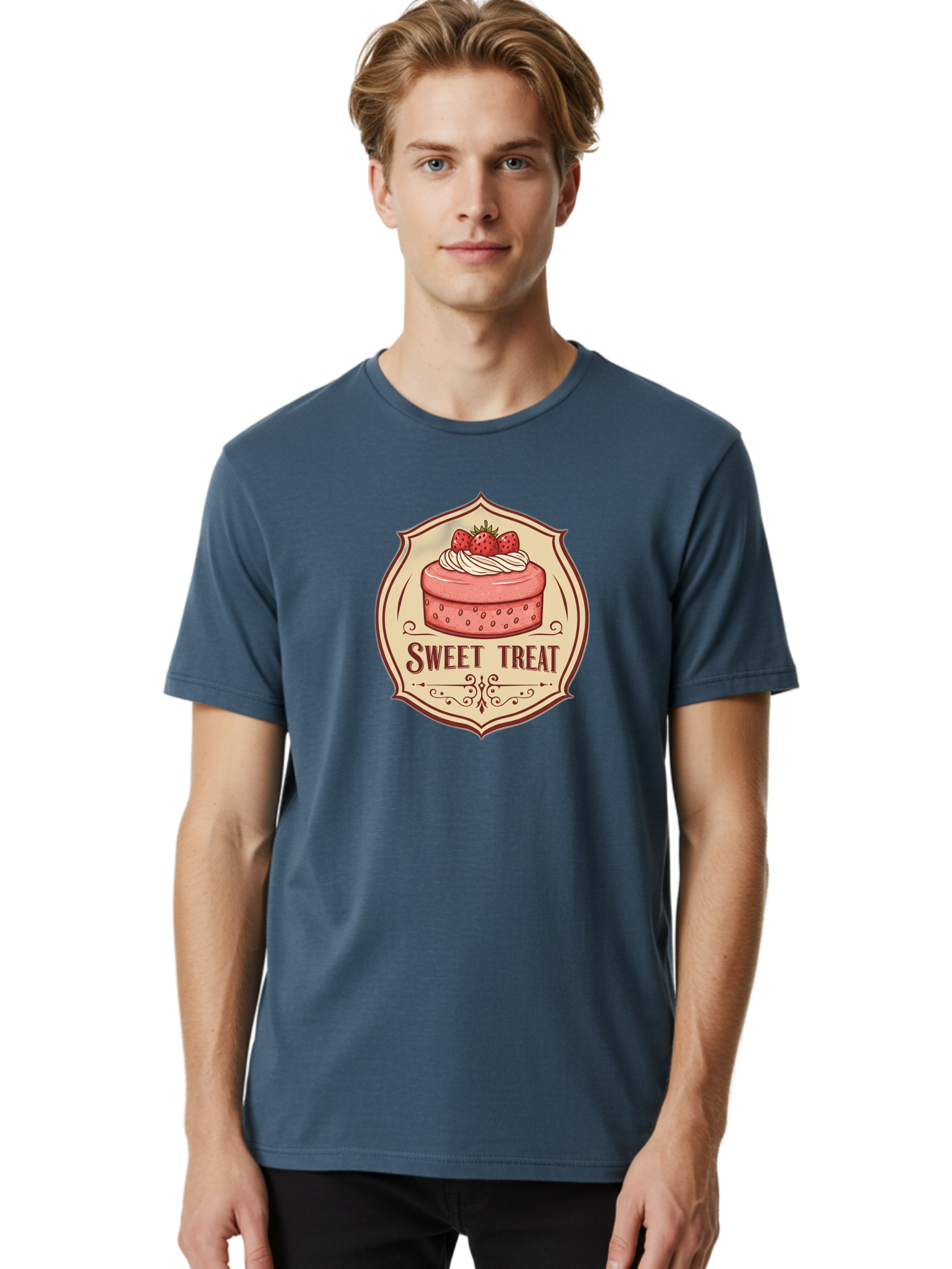 Sweet-Treat Men'S Graphic Tee, 100% Cotton, Comfortable Casual Summer Wear, Machine Washable, Strawberry Cake, Sweet Treat, Dessert Logo, Vintage Label, Whipped Cream, Strawberries, Cake Decoration, Bakery Design, Retro Style, Sweet Delights Bac506