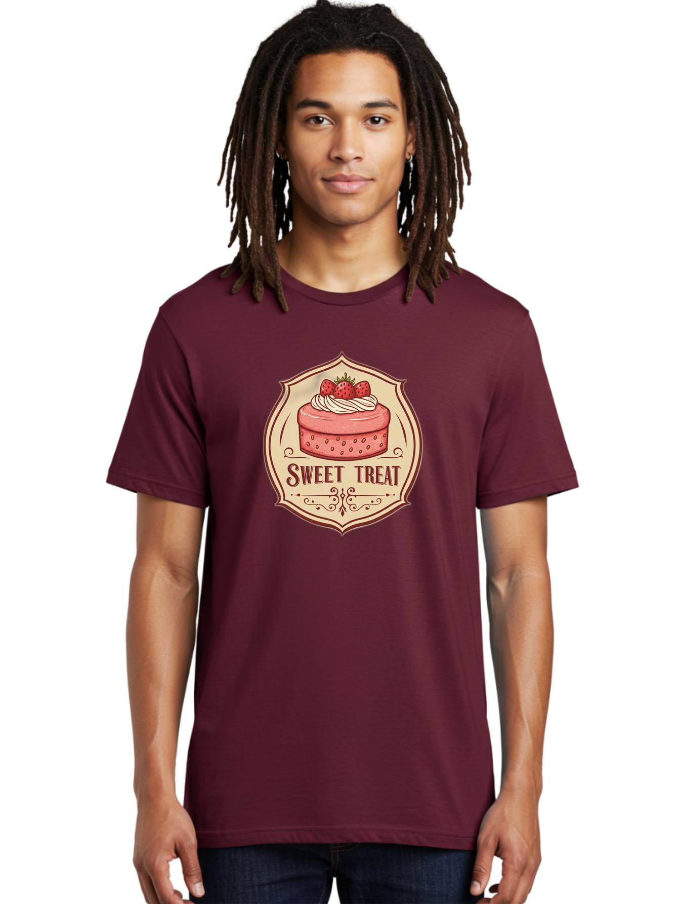 Sweet-Treat Men'S Graphic Tee, 100% Cotton, Comfortable Casual Summer Wear, Machine Washable, Strawberry Cake, Sweet Treat, Dessert Logo, Vintage Label, Whipped Cream, Strawberries, Cake Decoration, Bakery Design, Retro Style, Sweet Delights Bac506